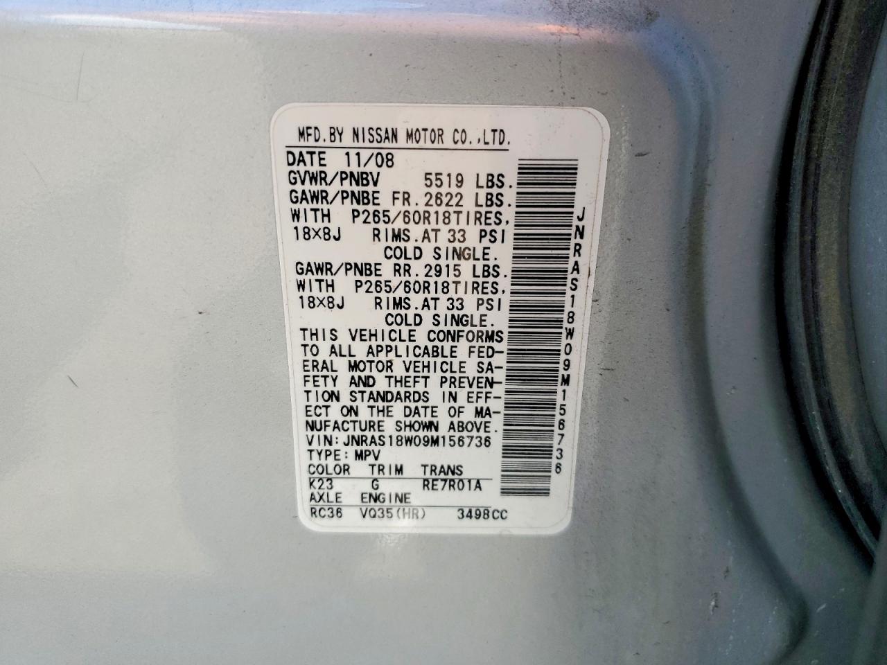 2009 Infiniti Fx35 Base Silver vin: JNRAS18W09M156736