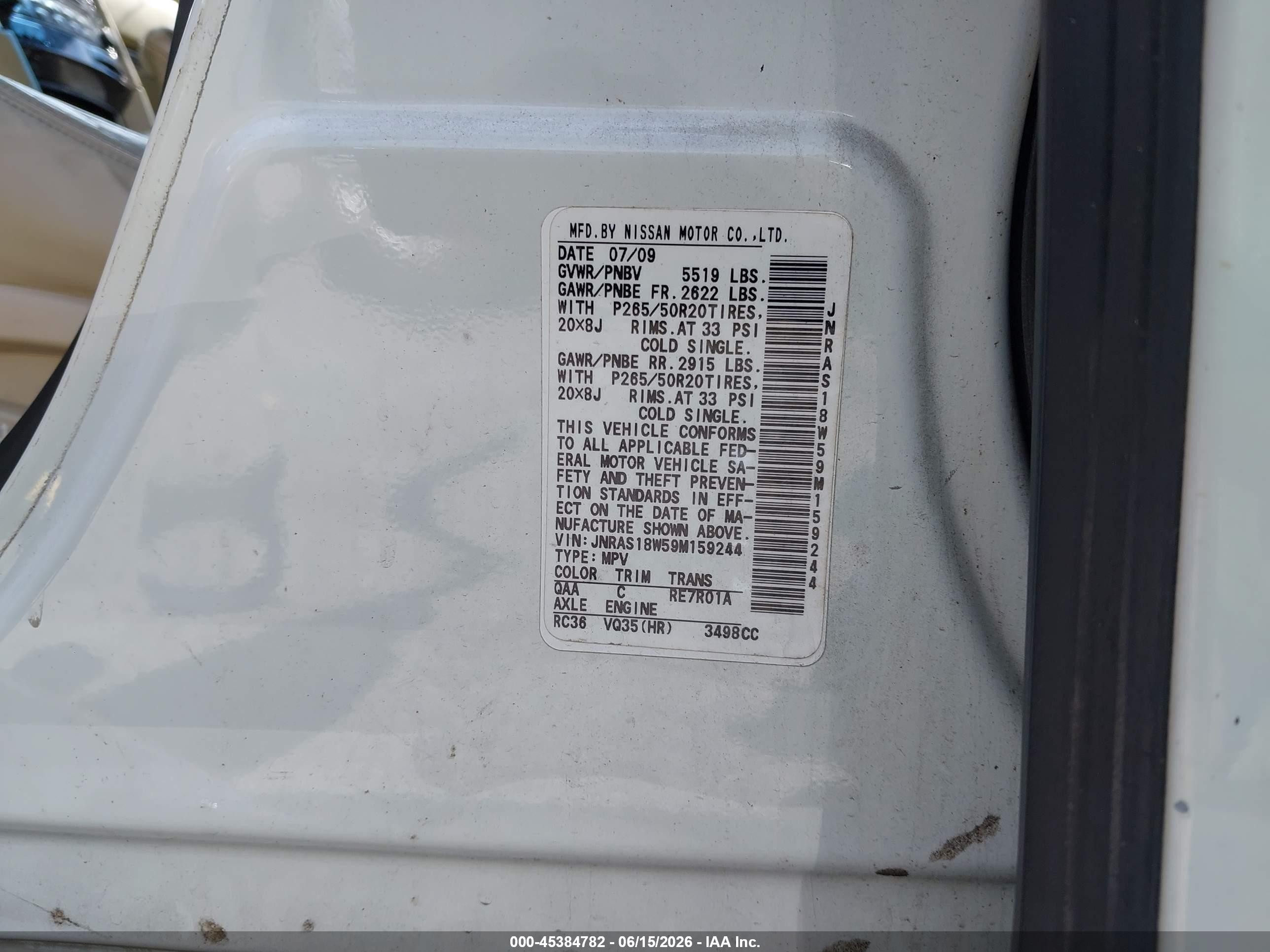 2009 Infiniti Fx35 White vin: JNRAS18W59M159244