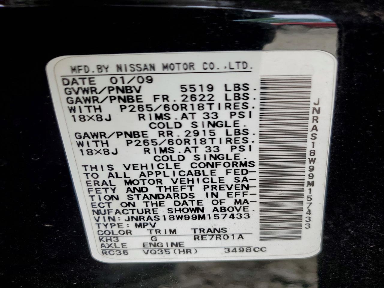 2009 Infiniti Fx35 Base Black vin: JNRAS18W99M157433