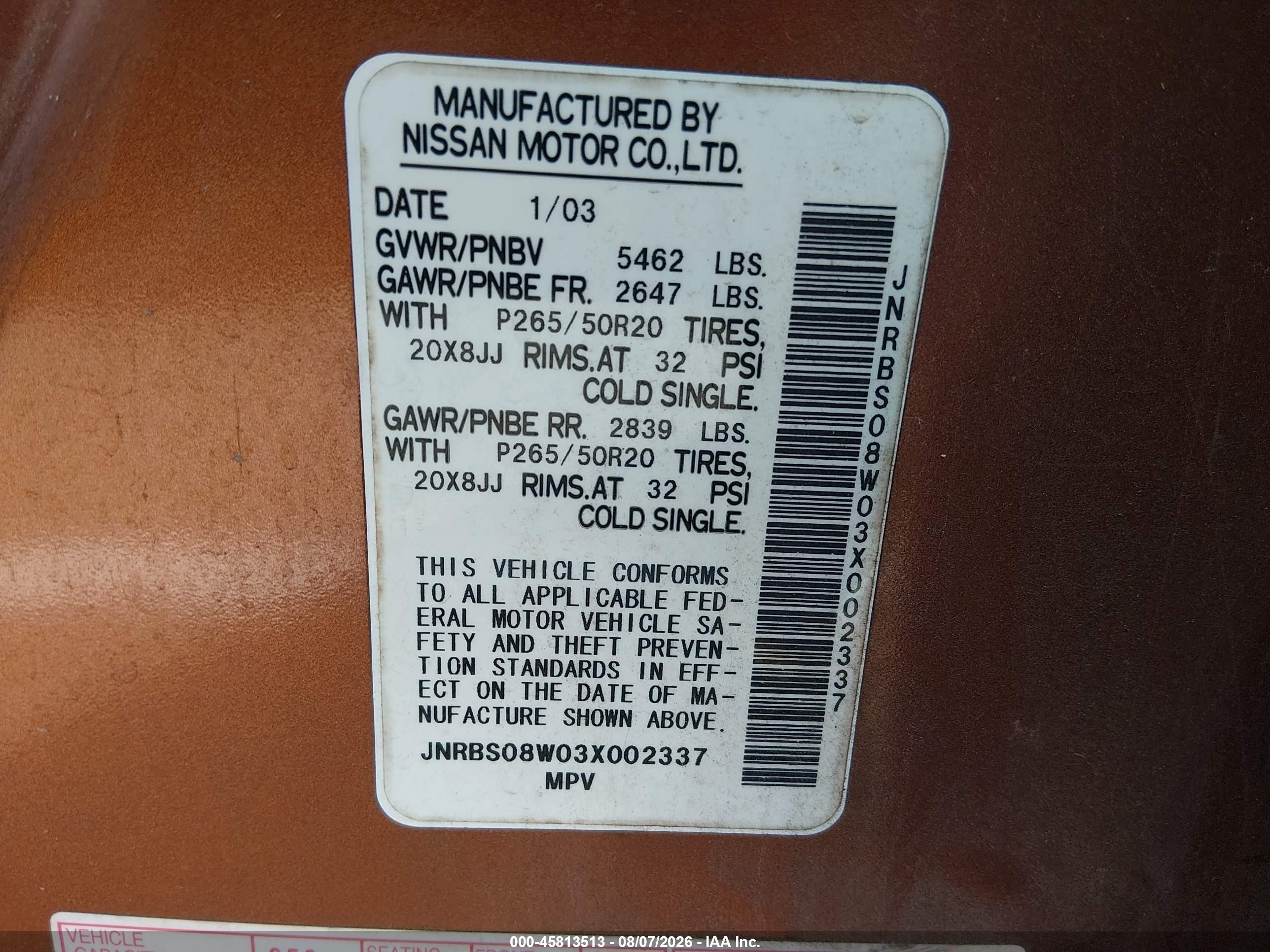 2003 Infiniti Fx45   Orange vin: JNRBS08W03X002337