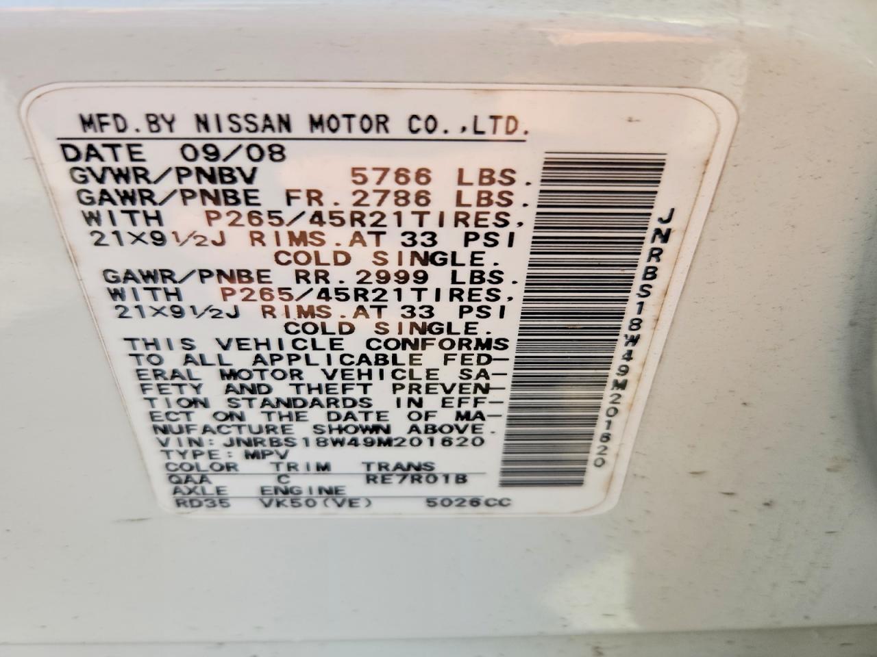 2009 Infiniti Fx50 Base White vin: JNRBS18W49M201620
