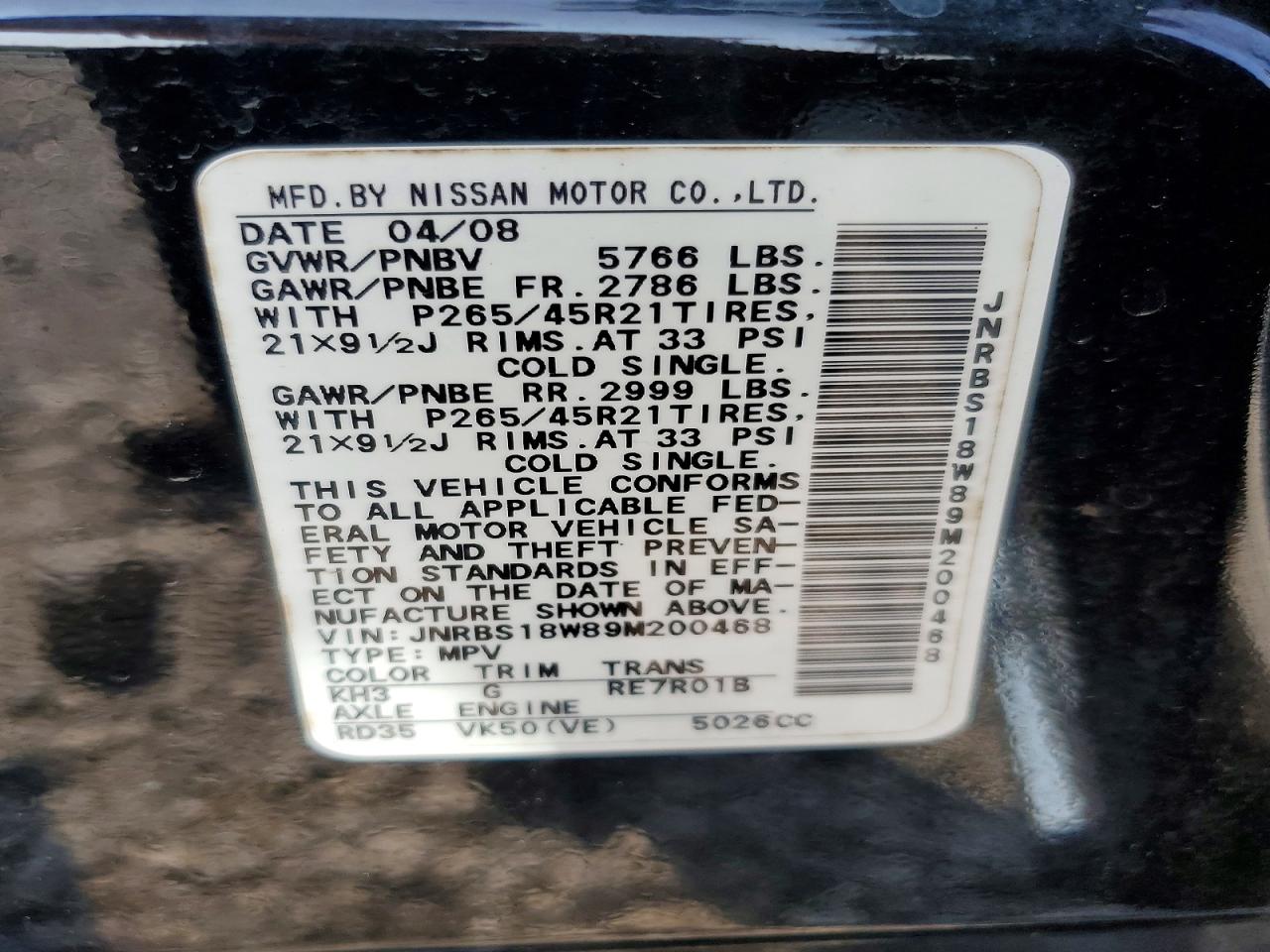 2009 Infiniti Fx50 Base Black vin: JNRBS18W89M200468
