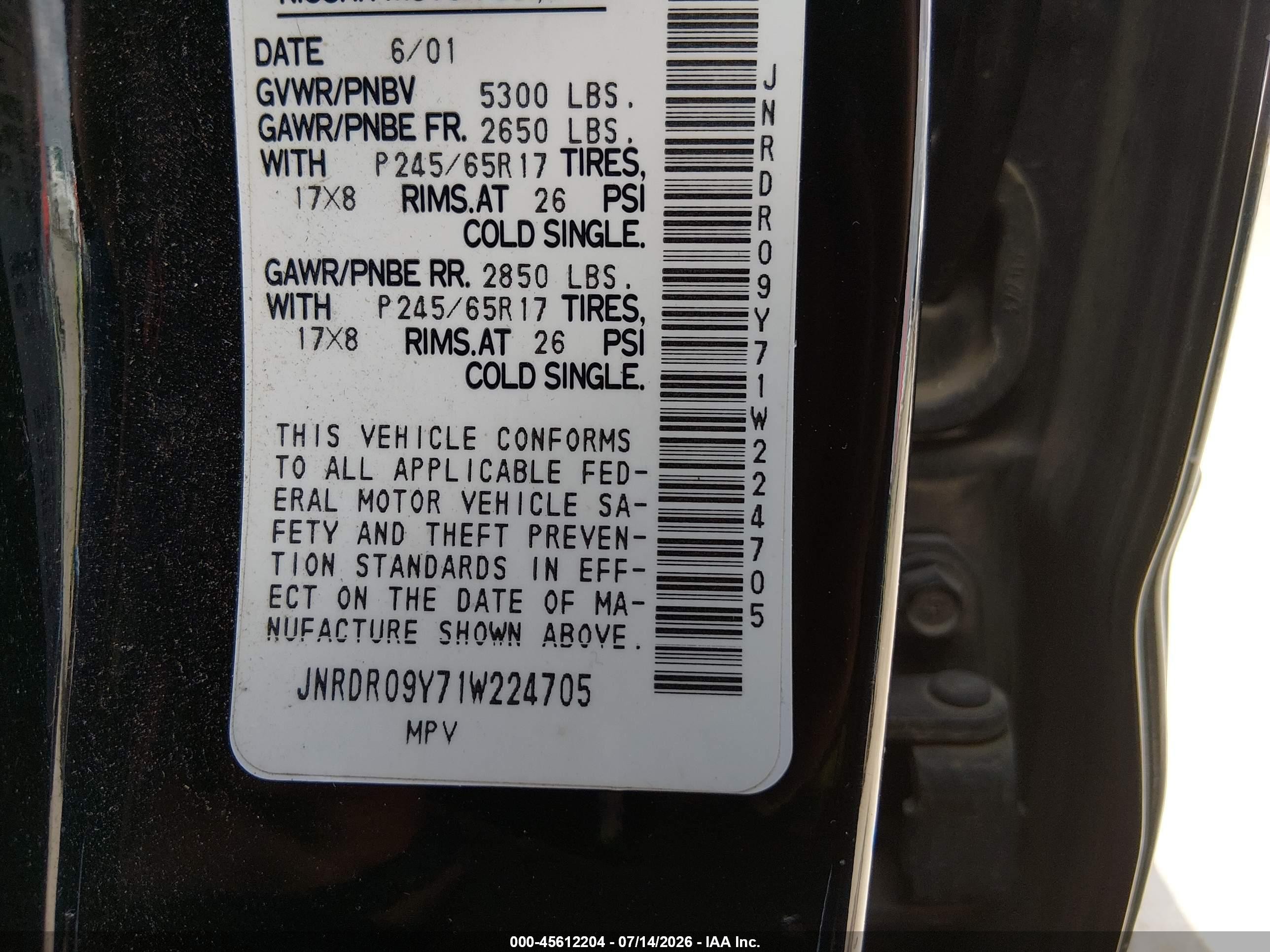 2001 Infiniti Qx4 Luxury Black vin: JNRDR09Y71W224705