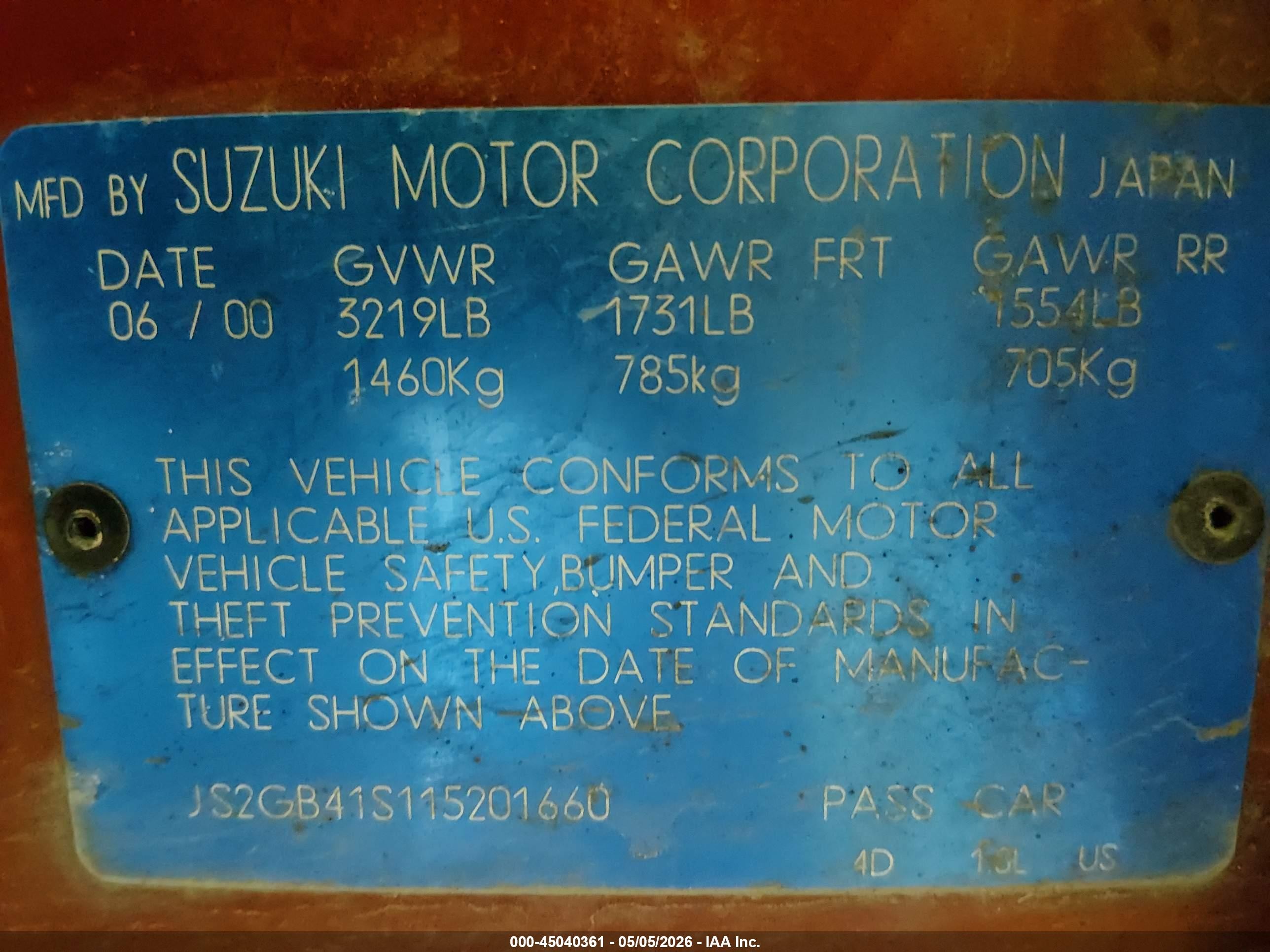 2001 Suzuki Esteem Gl/glx/glx+ Красный vin: JS2GB41S115201660