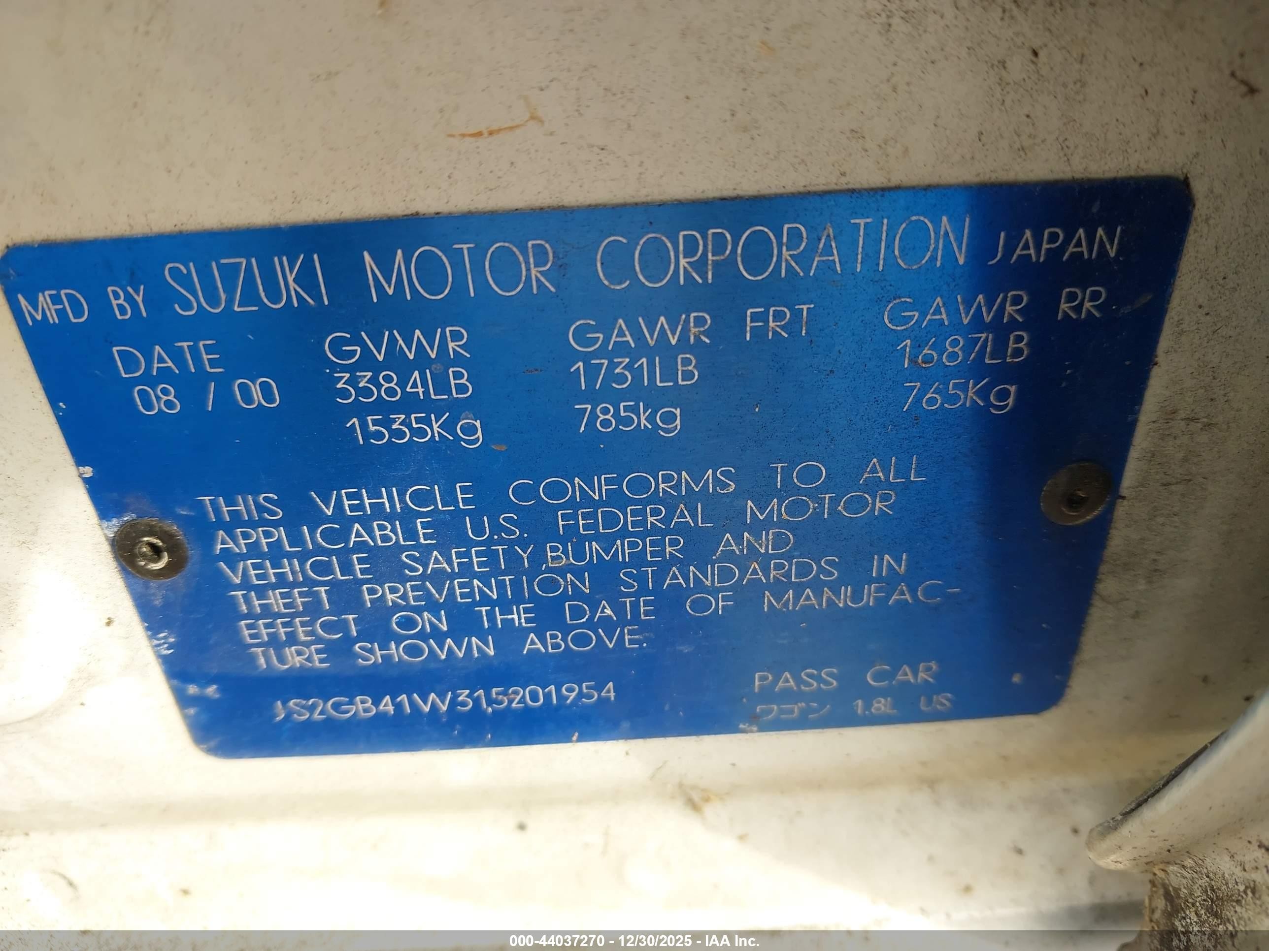 2001 Suzuki Esteem Gl/glx/glx+ White vin: JS2GB41W315201954