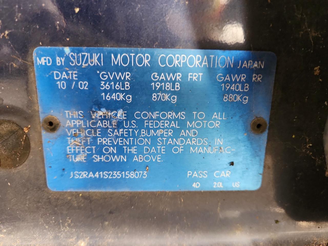 2003 Suzuki Aerio S Blue vin: JS2RA41S235158073