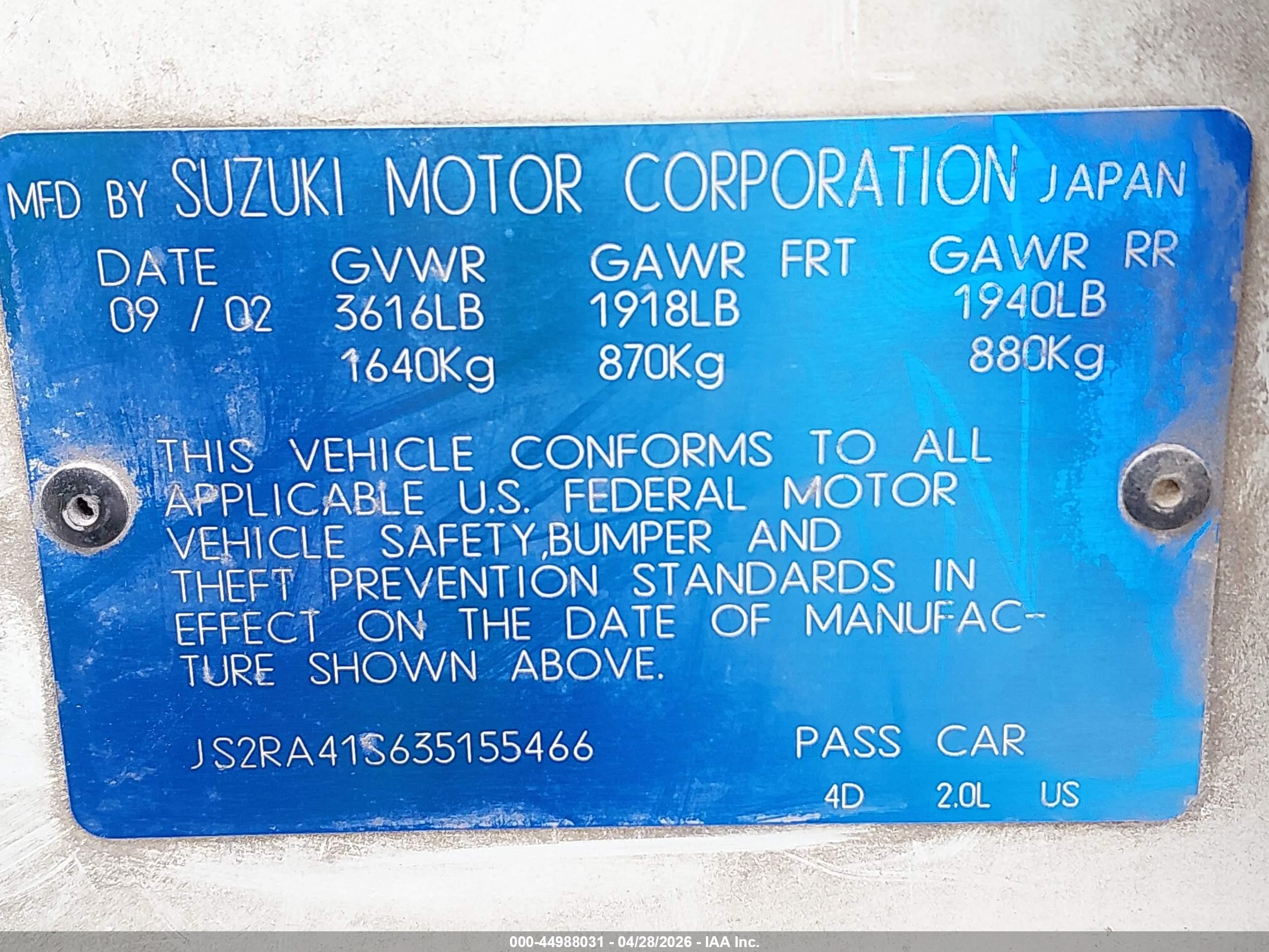 2003 Suzuki Aerio Gs/s White vin: JS2RA41S635155466