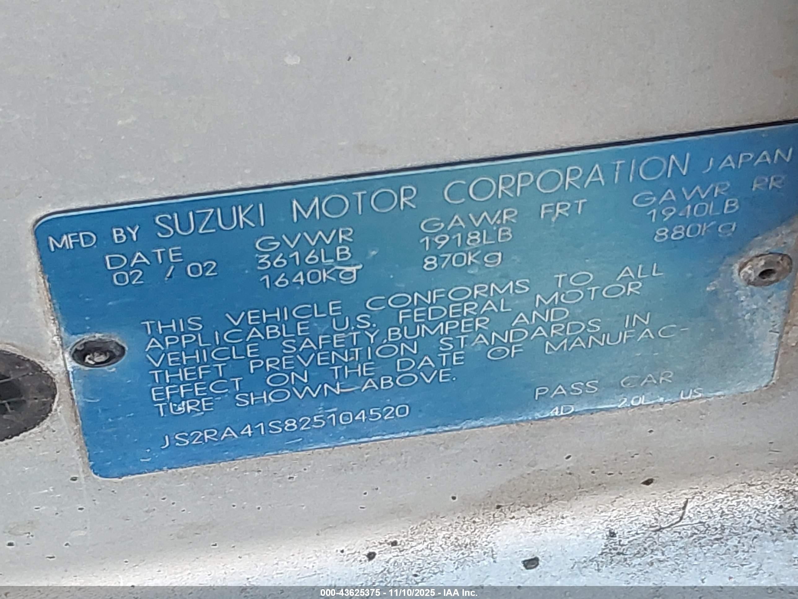 2002 Suzuki Aerio   Gray vin: JS2RA41S825104520