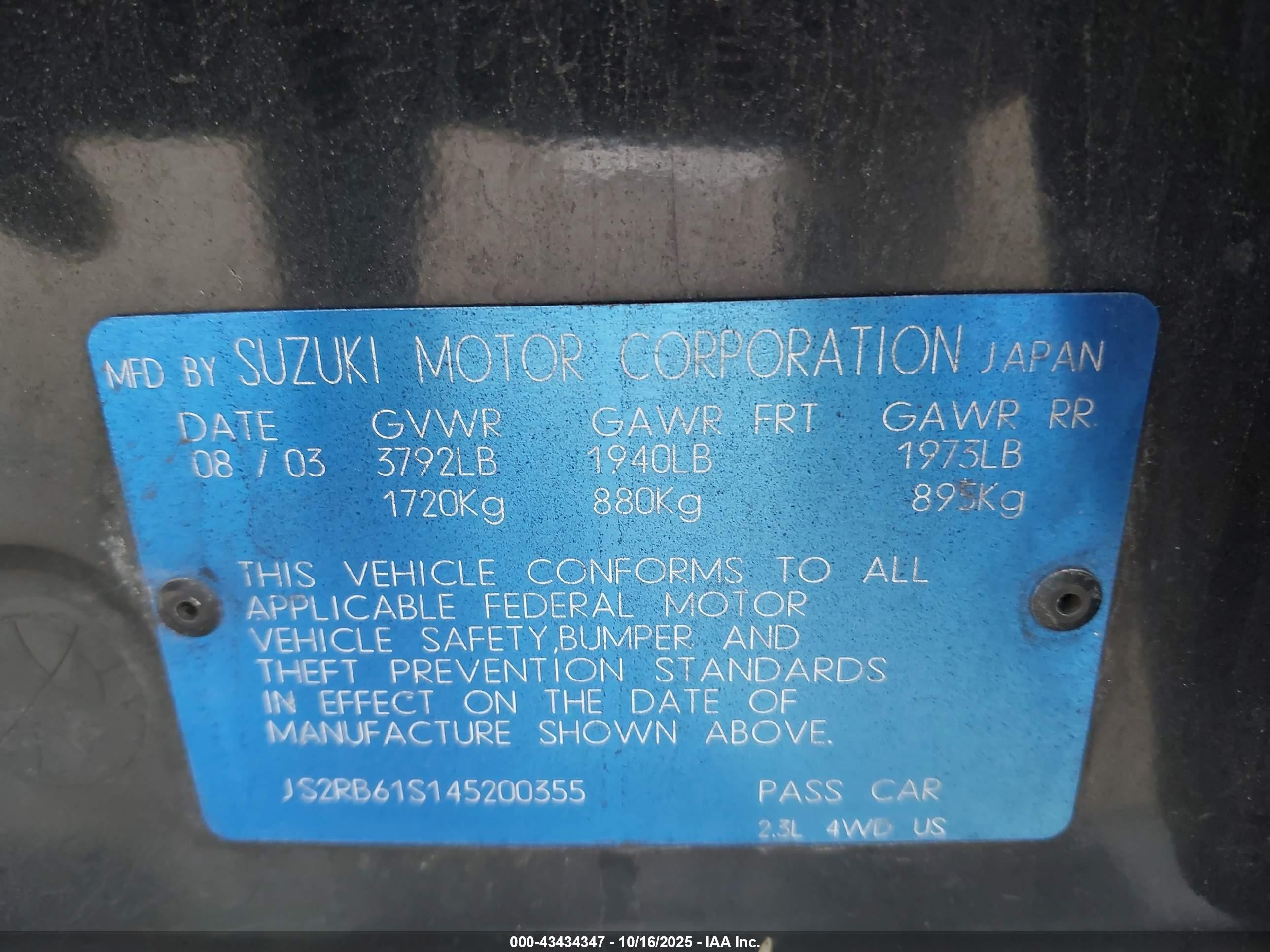 2004 Suzuki Aerio Lx/s Black vin: JS2RB61S145200355