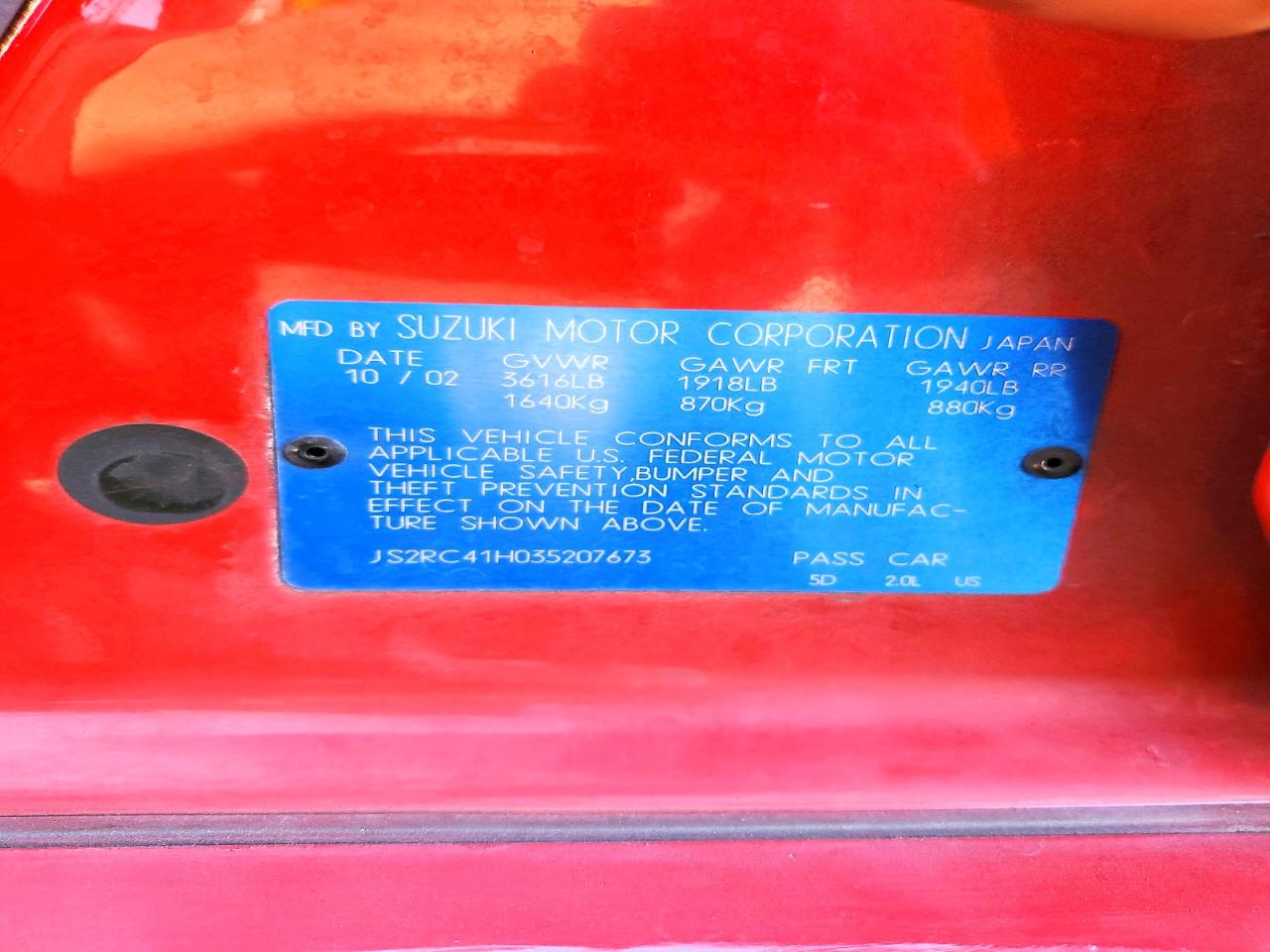 2003 Suzuki Aerio Sx Red vin: JS2RC41H035207673