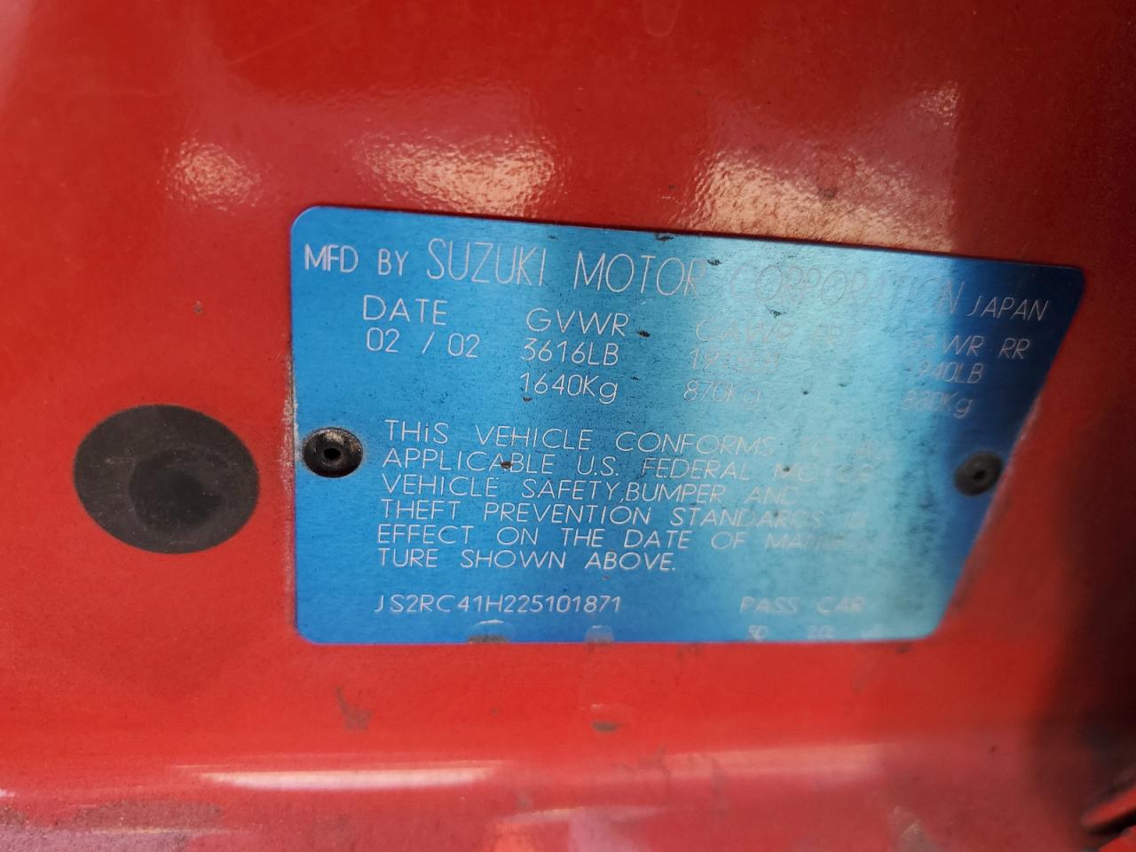 2002 Suzuki Aerio Sx Red vin: JS2RC41H225101871