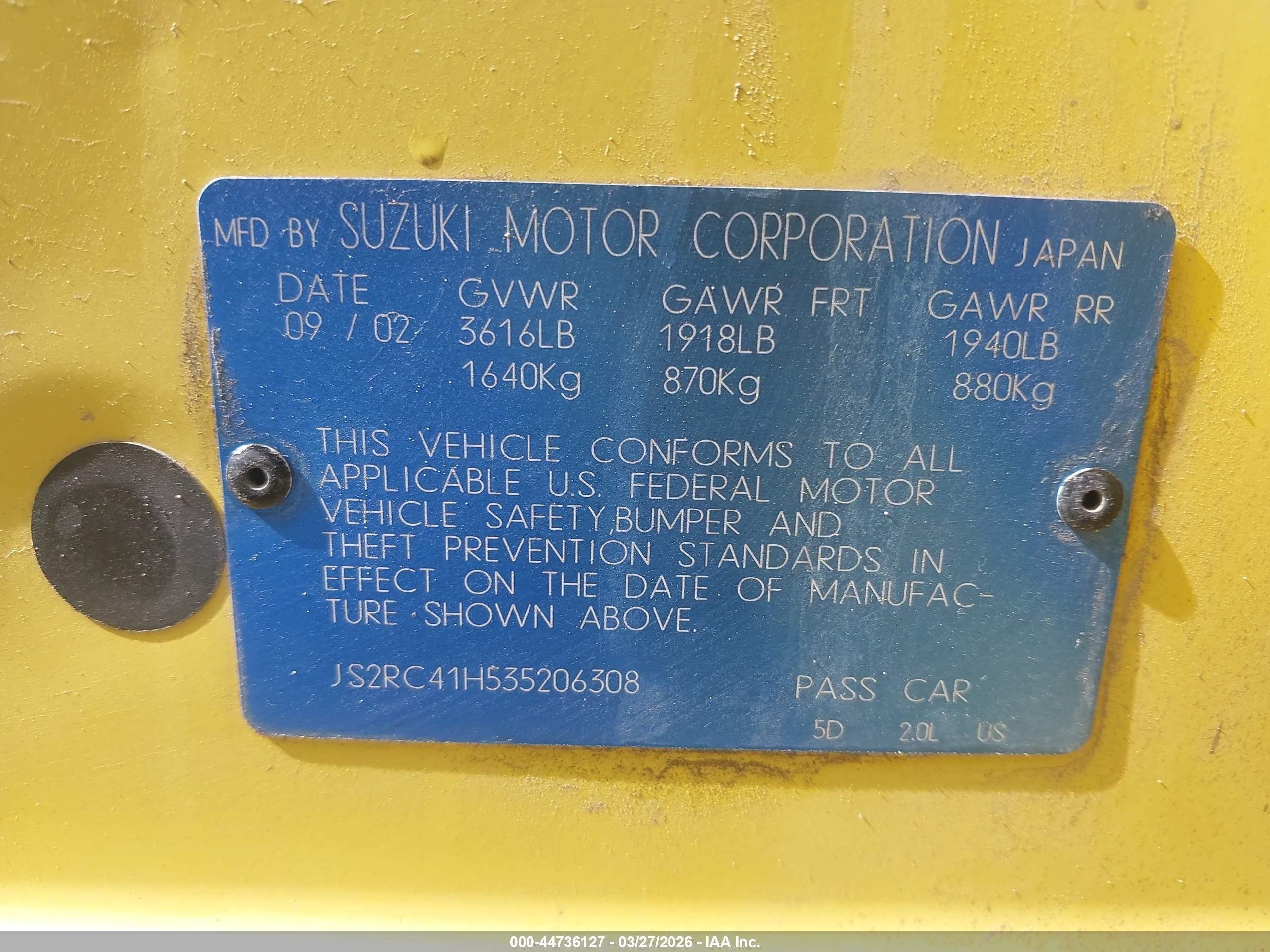 2003 Suzuki Aerio Sx Yellow vin: JS2RC41H535206308
