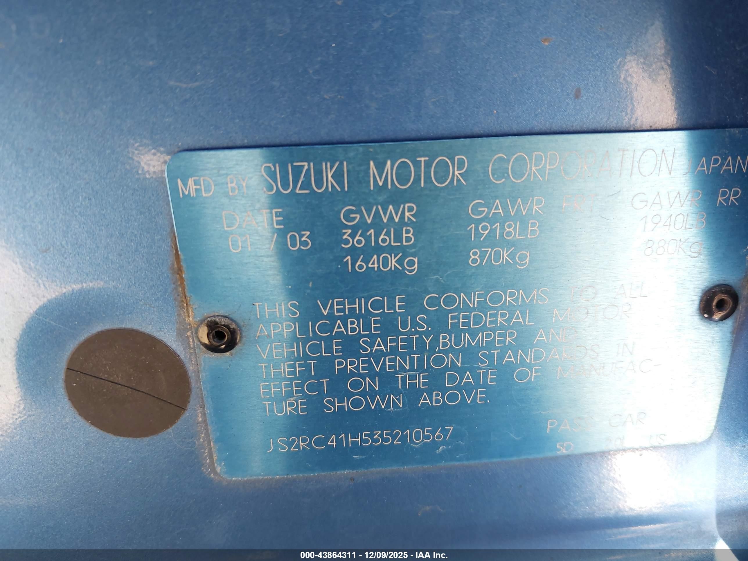 2003 Suzuki Aerio Sx   Blue vin: JS2RC41H535210567