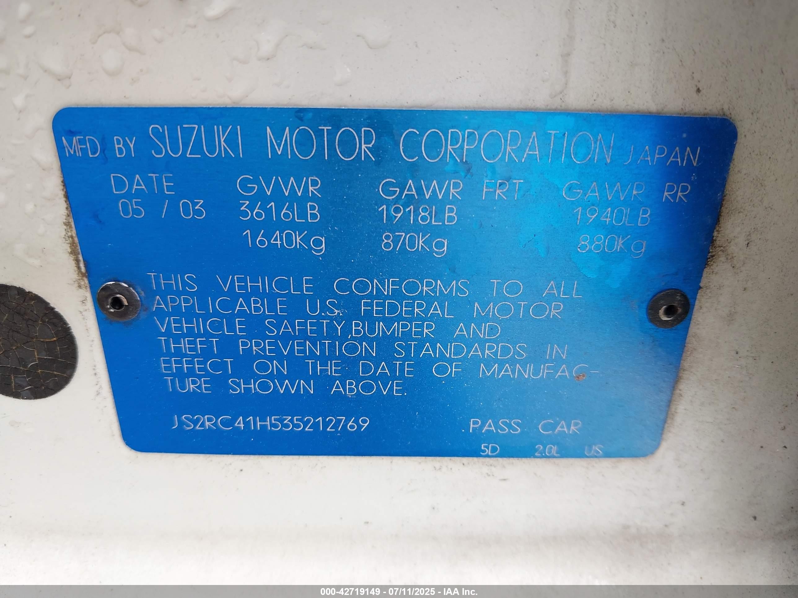 2003 Suzuki Aerio Sx   White vin: JS2RC41H535212769