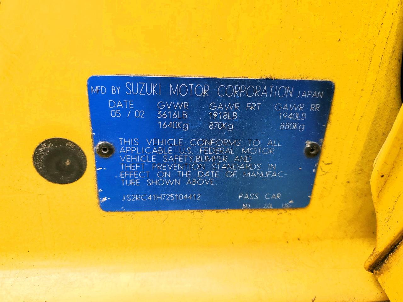 2002 Suzuki Aerio Sx Yellow vin: JS2RC41H725104412