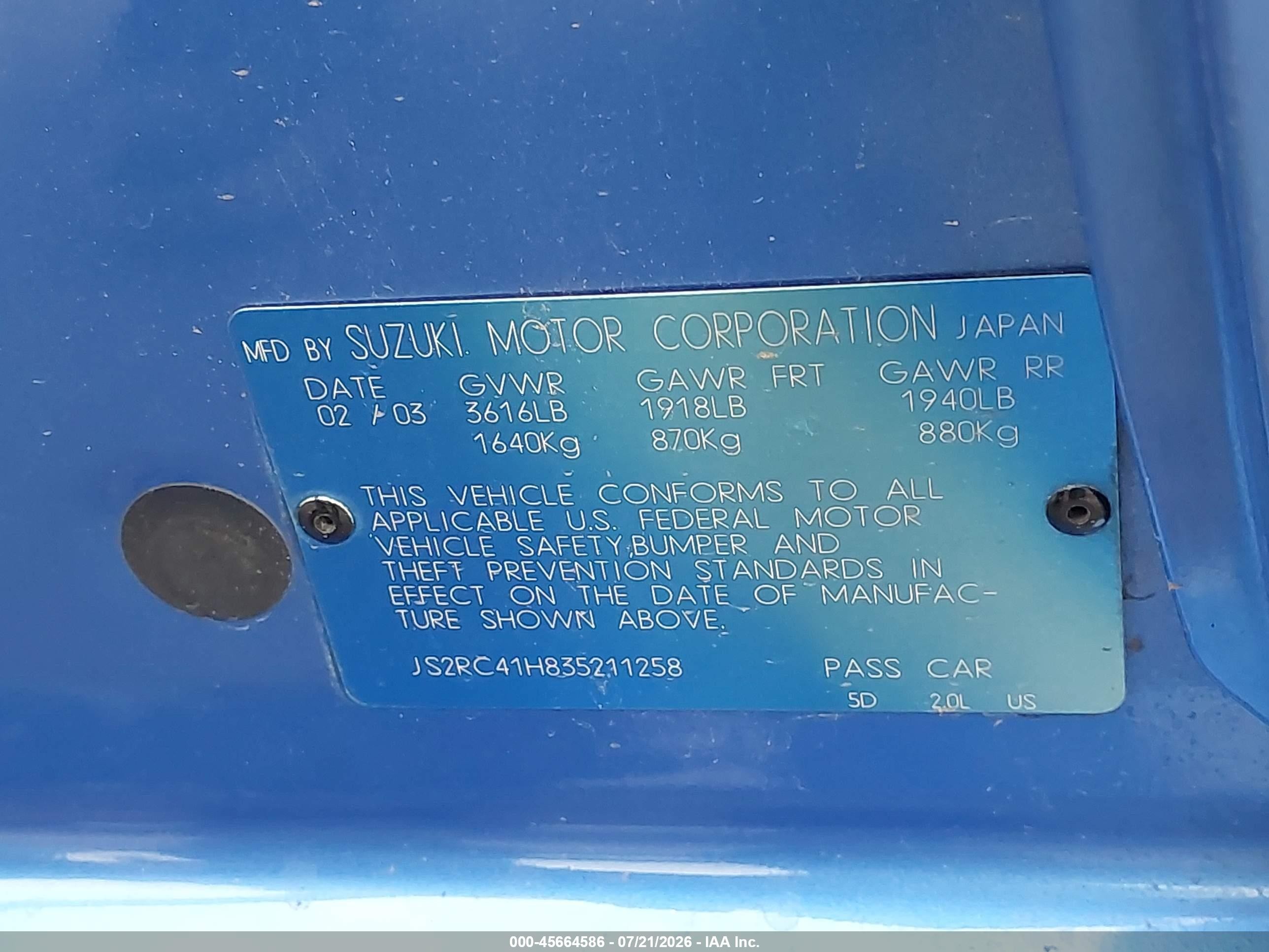 2003 Suzuki Aerio Sx   Blue vin: JS2RC41H835211258