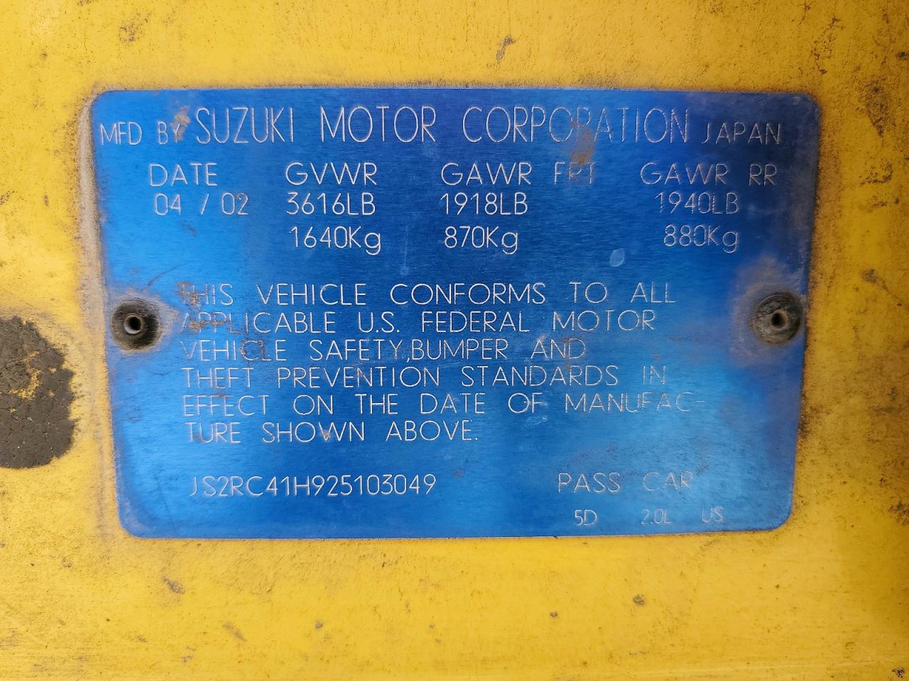 2002 Suzuki Aerio Sx Yellow vin: JS2RC41H925103049