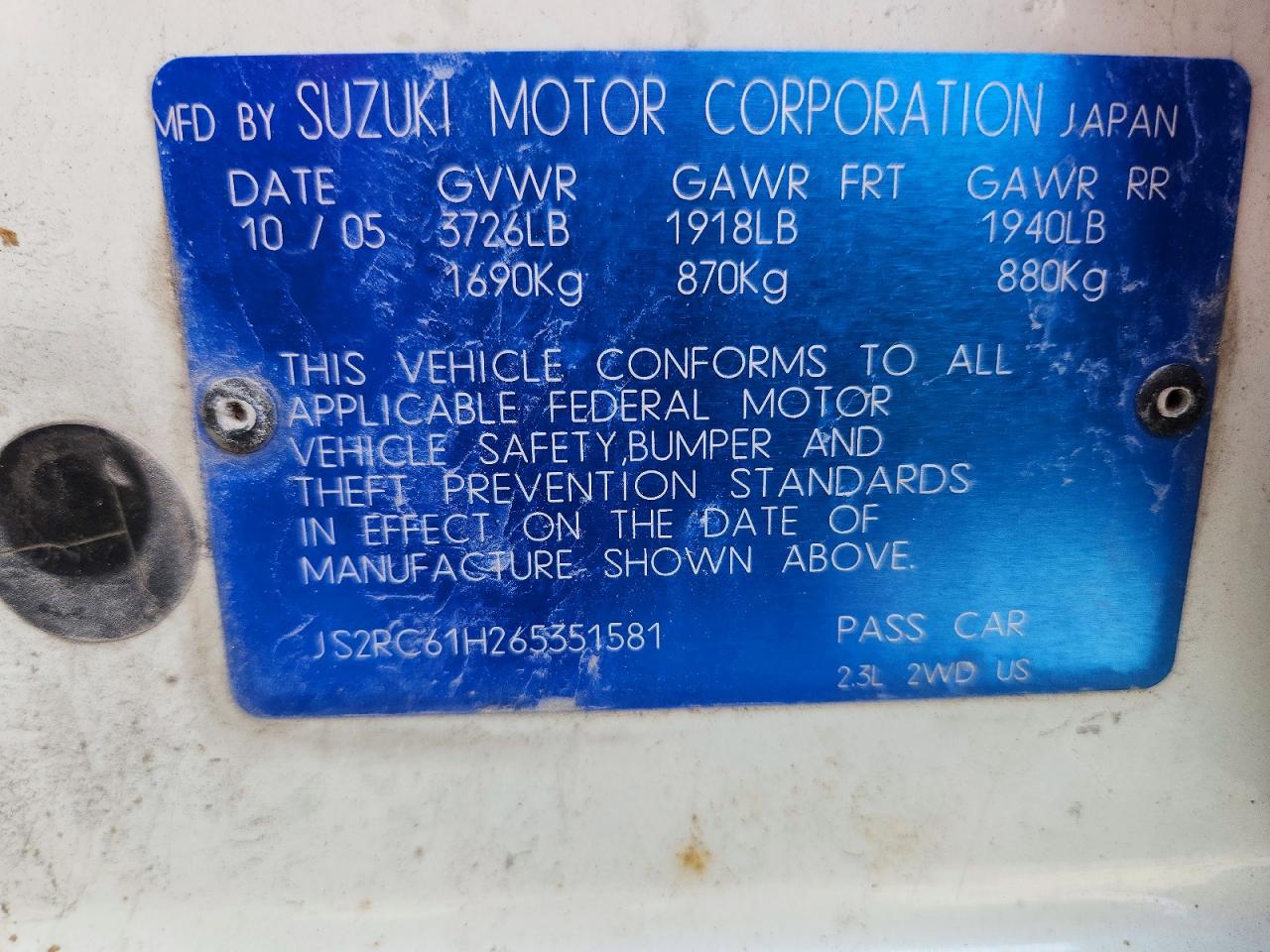 2006 Suzuki Aerio Premium White vin: JS2RC61H265351581
