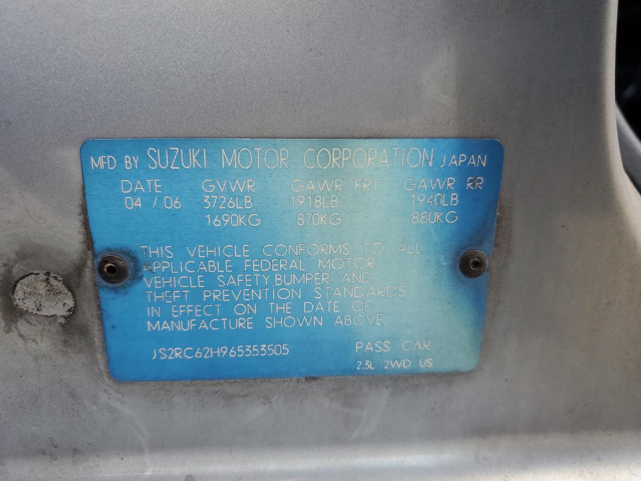 2006 Suzuki Aerio Blue vin: JS2RC62H965353505