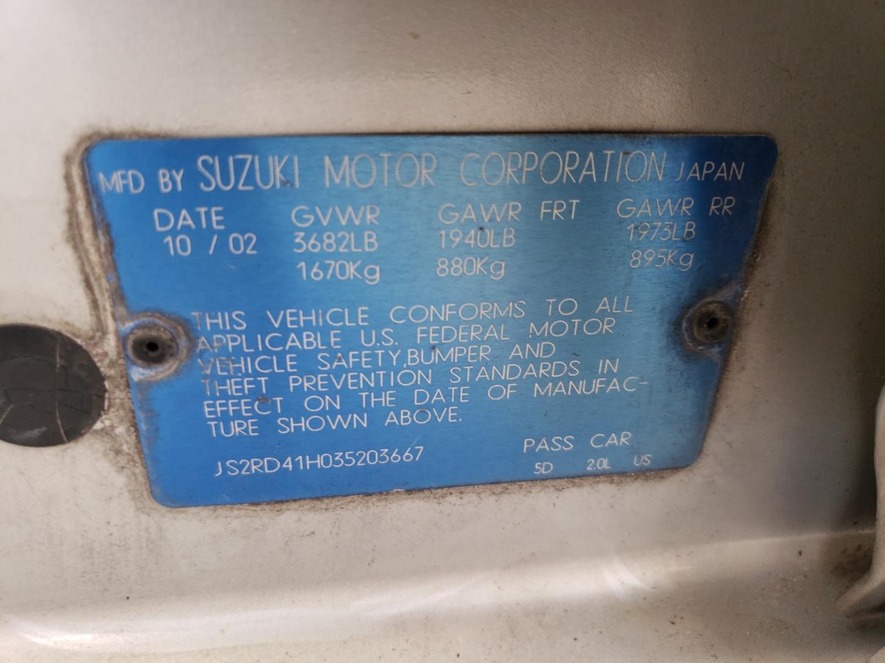 2003 Suzuki Aerio Sx Silver vin: JS2RD41H035203667