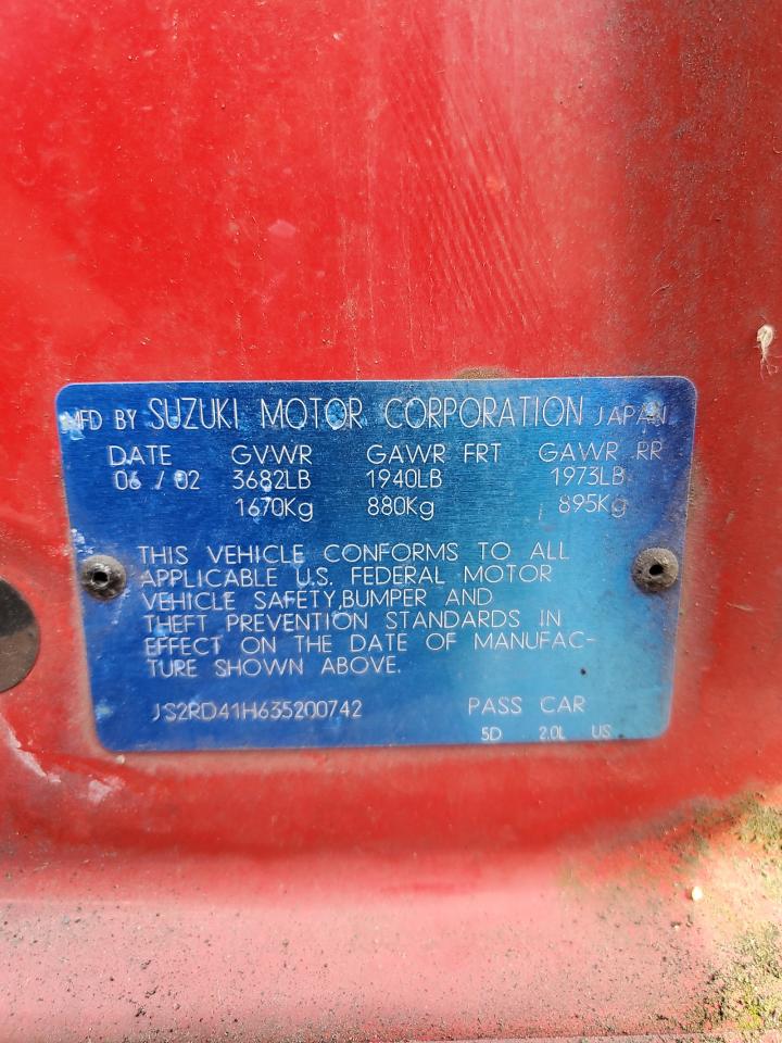 2003 Suzuki Aerio Sx Red vin: JS2RD41H635200742