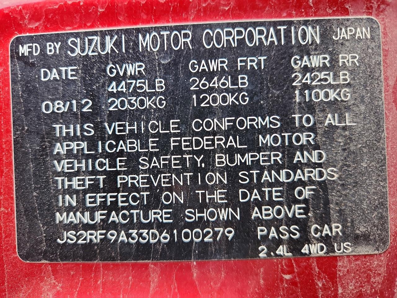 2013 Suzuki Kizashi Se Red vin: JS2RF9A33D6100279