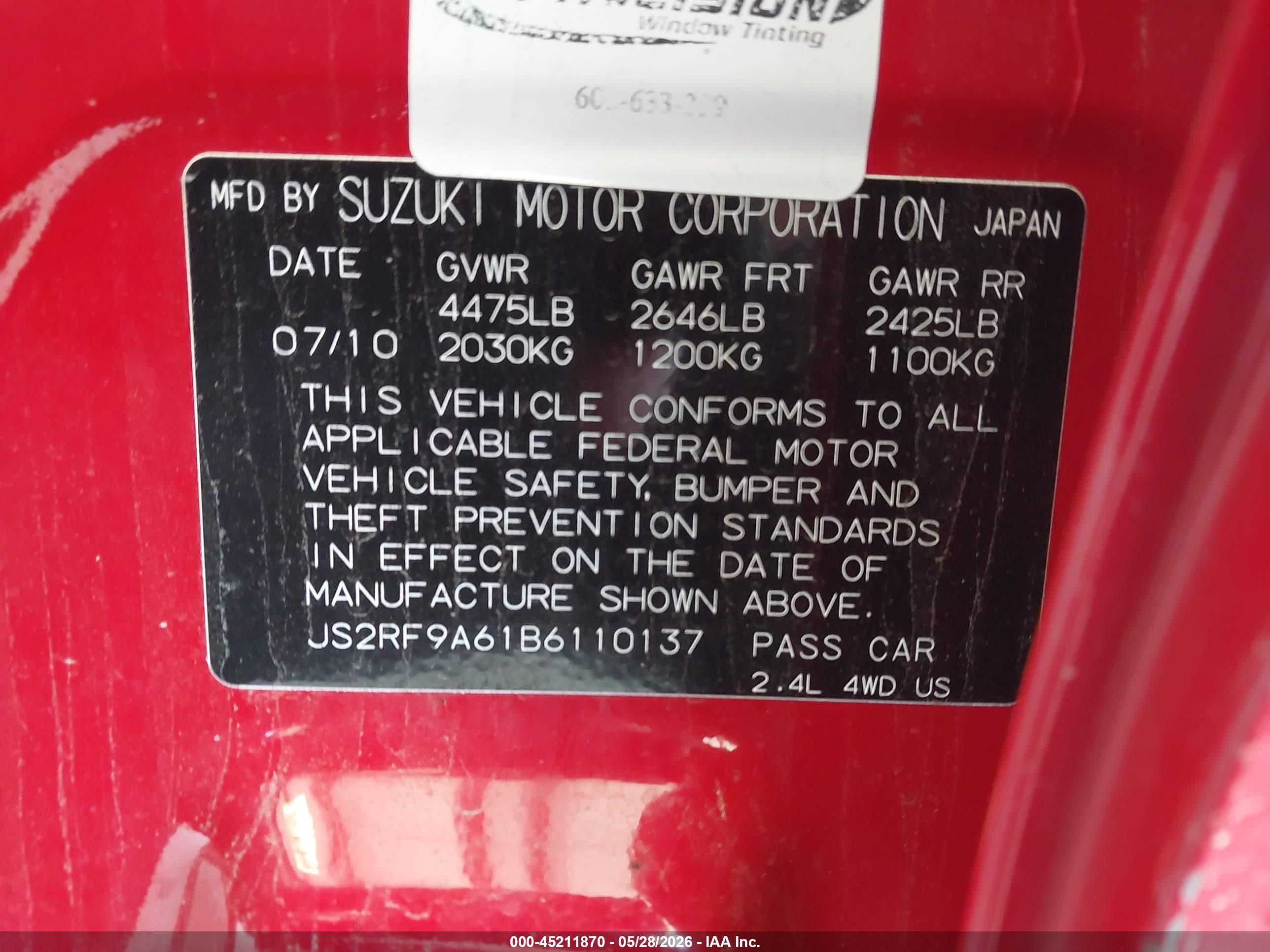2011 Suzuki Kizashi Sport Gts Red vin: JS2RF9A61B6110137