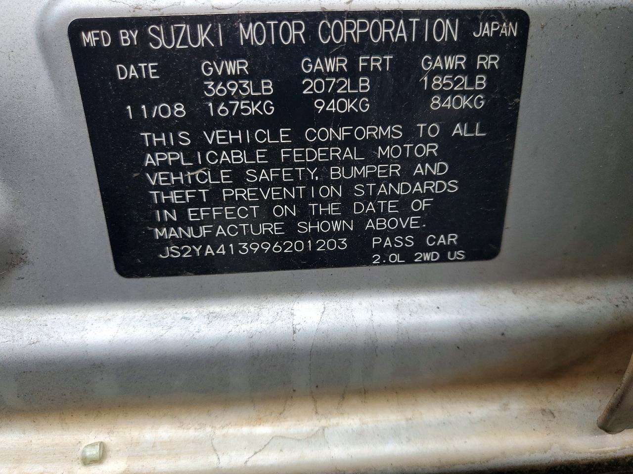 2009 Suzuki Sx4 Silver vin: JS2YA413996201203
