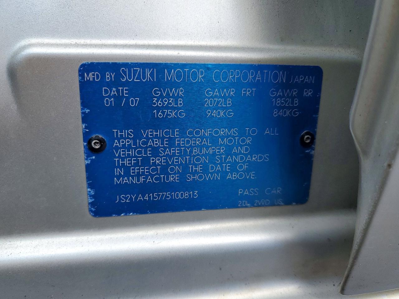 2007 Suzuki Sx4 Silver vin: JS2YA415775100813
