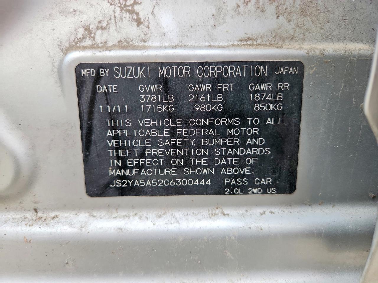 2012 Suzuki Sx4 Silver vin: JS2YA5A52C6300444