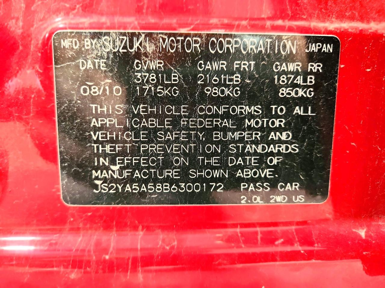 2011 Suzuki Sx4 Red vin: JS2YA5A58B6300172
