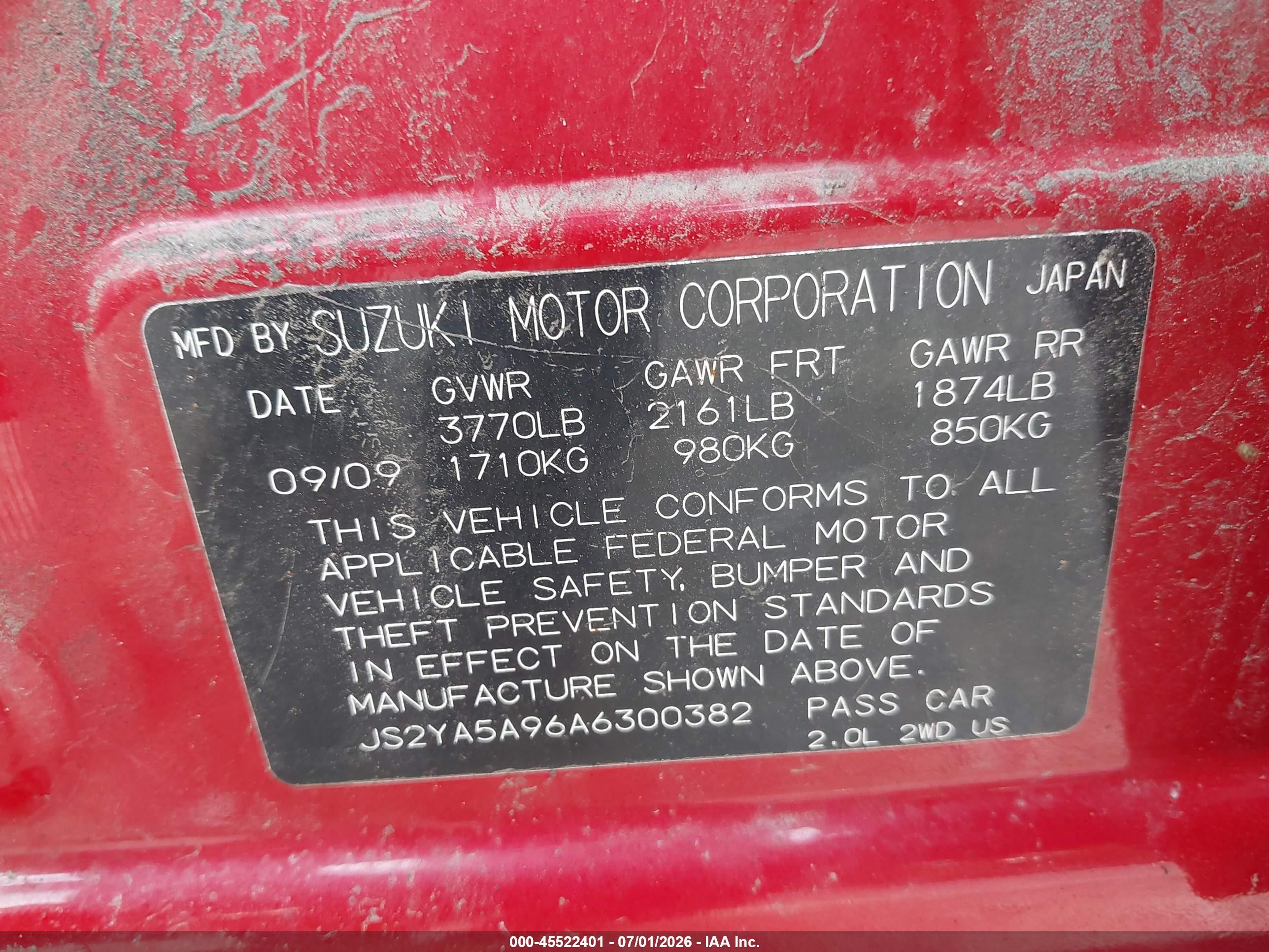 2010 Suzuki Sx4   Red vin: JS2YA5A96A6300382