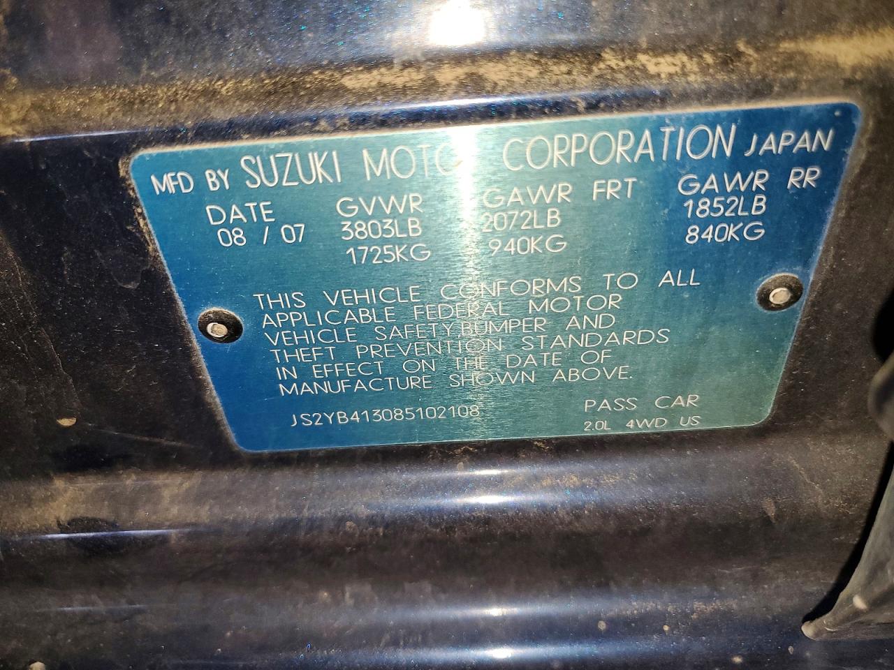 2008 Suzuki Sx4 Base Blue vin: JS2YB413085102108