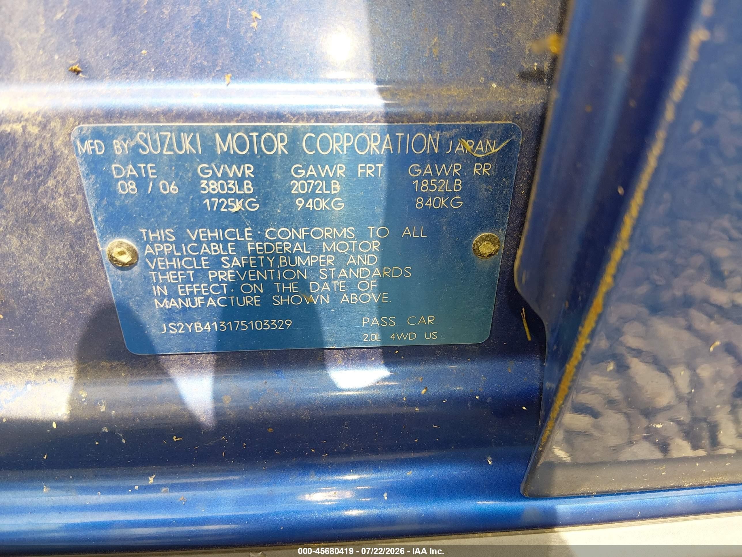 2007 Suzuki Sx4 Convenience/rally Blue vin: JS2YB413175103329