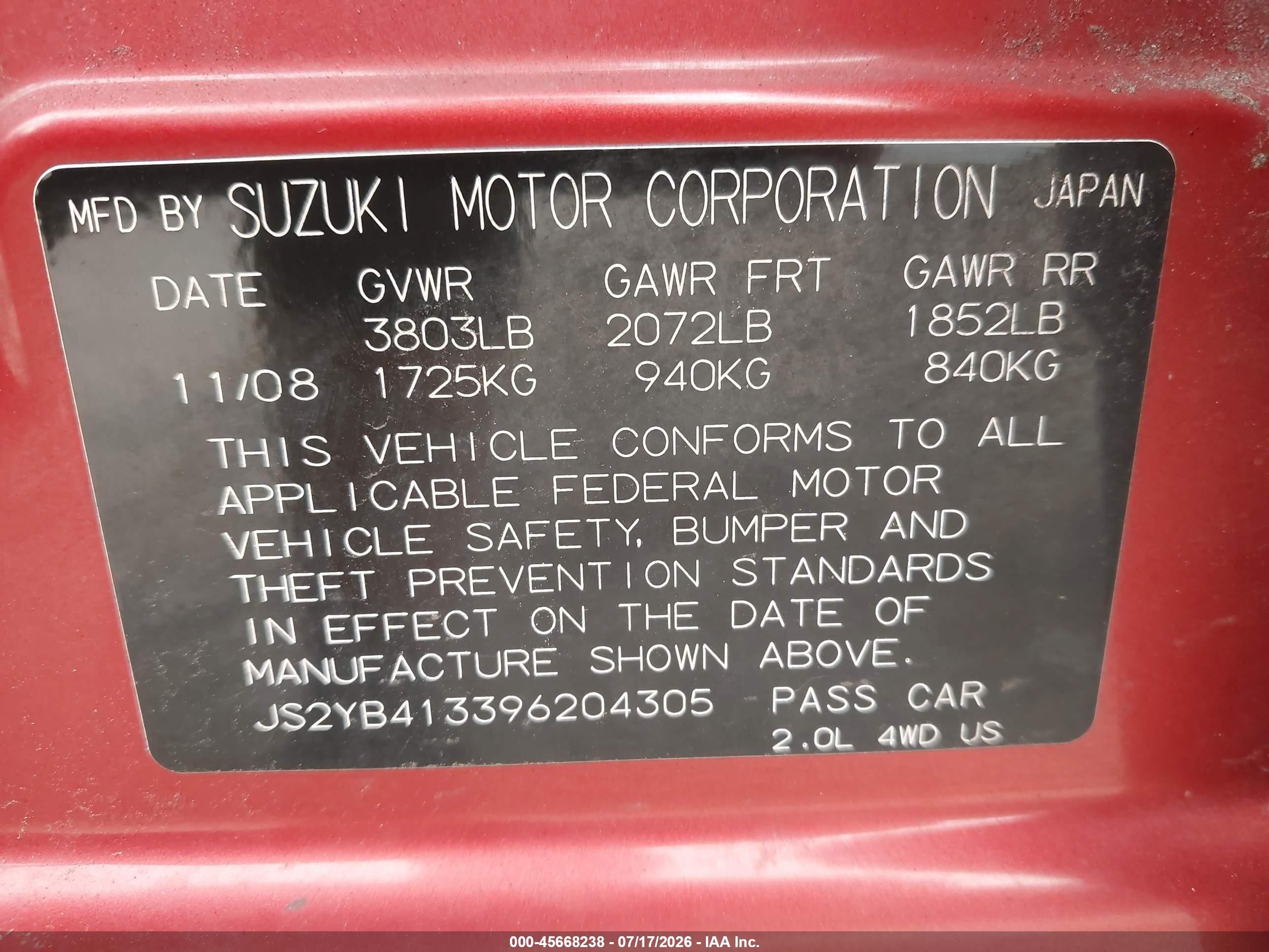 2009 Suzuki Sx4 Auto Awd/auto Technology Pkg Awd/man Awd/man Technology Pkg Awd Orange vin: JS2YB413396204305