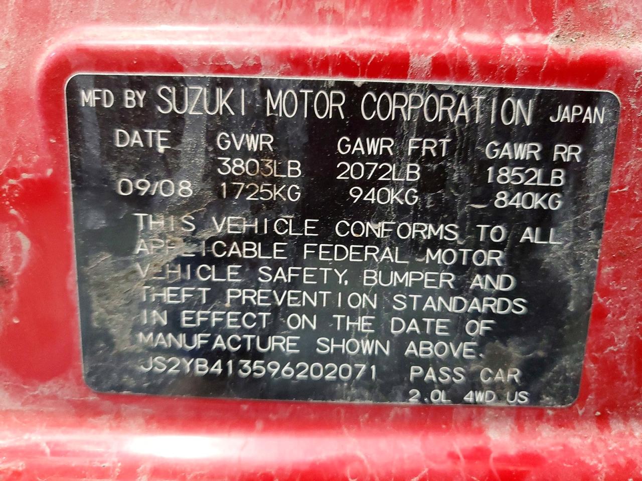 2009 Suzuki Sx4 Technology Red vin: JS2YB413596202071