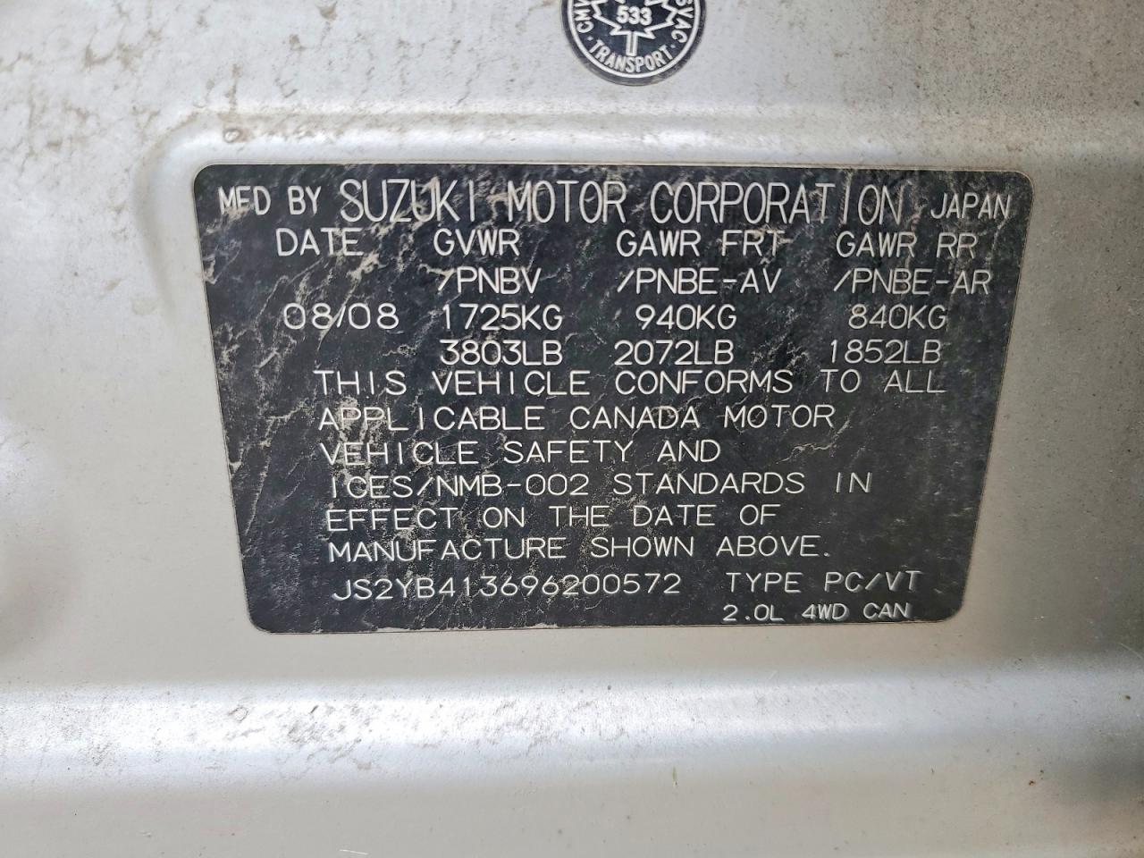 2009 Suzuki Sx4 Technology Silver vin: JS2YB413696200572