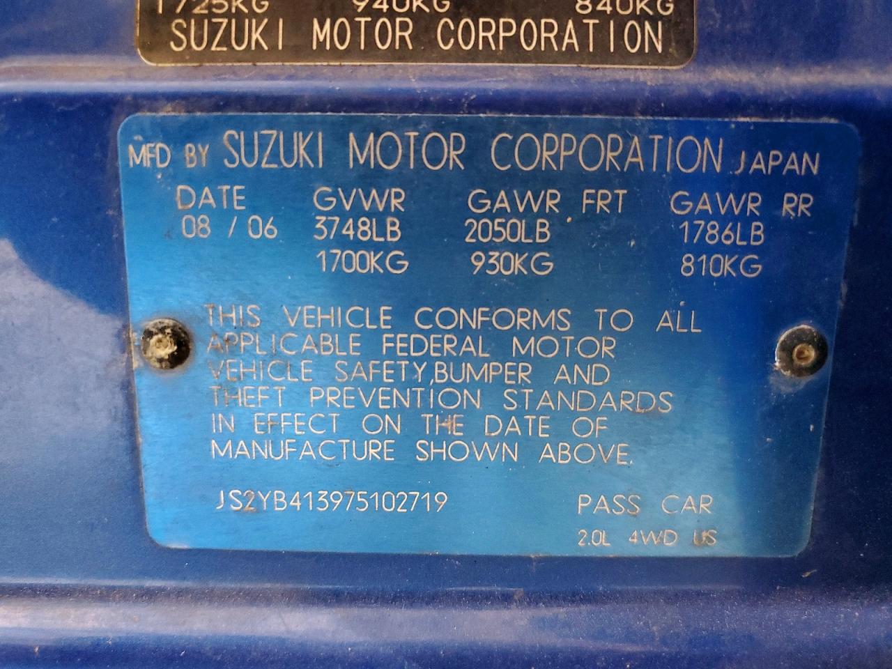 2007 Suzuki Sx4 Blue vin: JS2YB413975102719