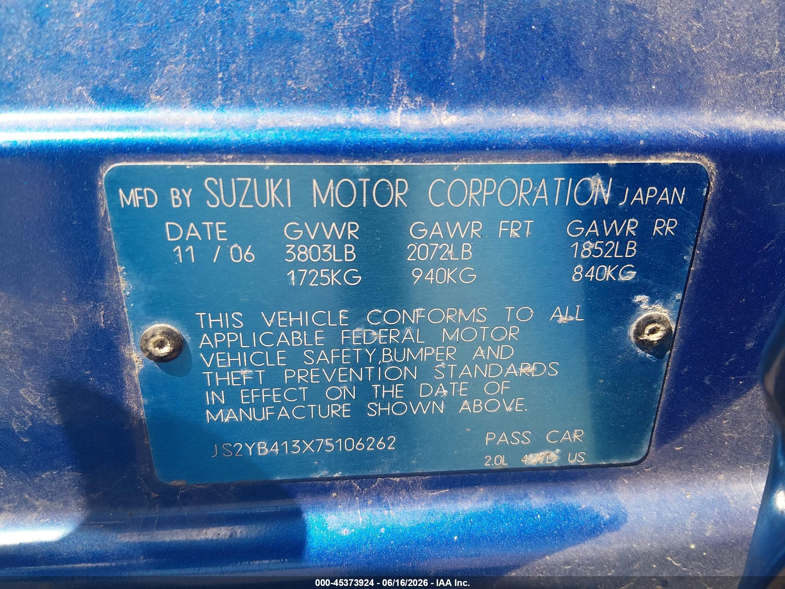 2007 Suzuki Sx4 Convenience Pkg/rally Pkg Blue vin: JS2YB413X75106262