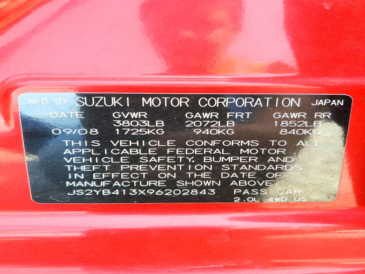 2009 Suzuki Sx4 Technology Red vin: JS2YB413X96202843