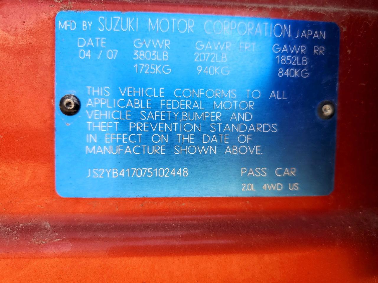 2007 Suzuki Sx4 Sport Orange vin: JS2YB417075102448