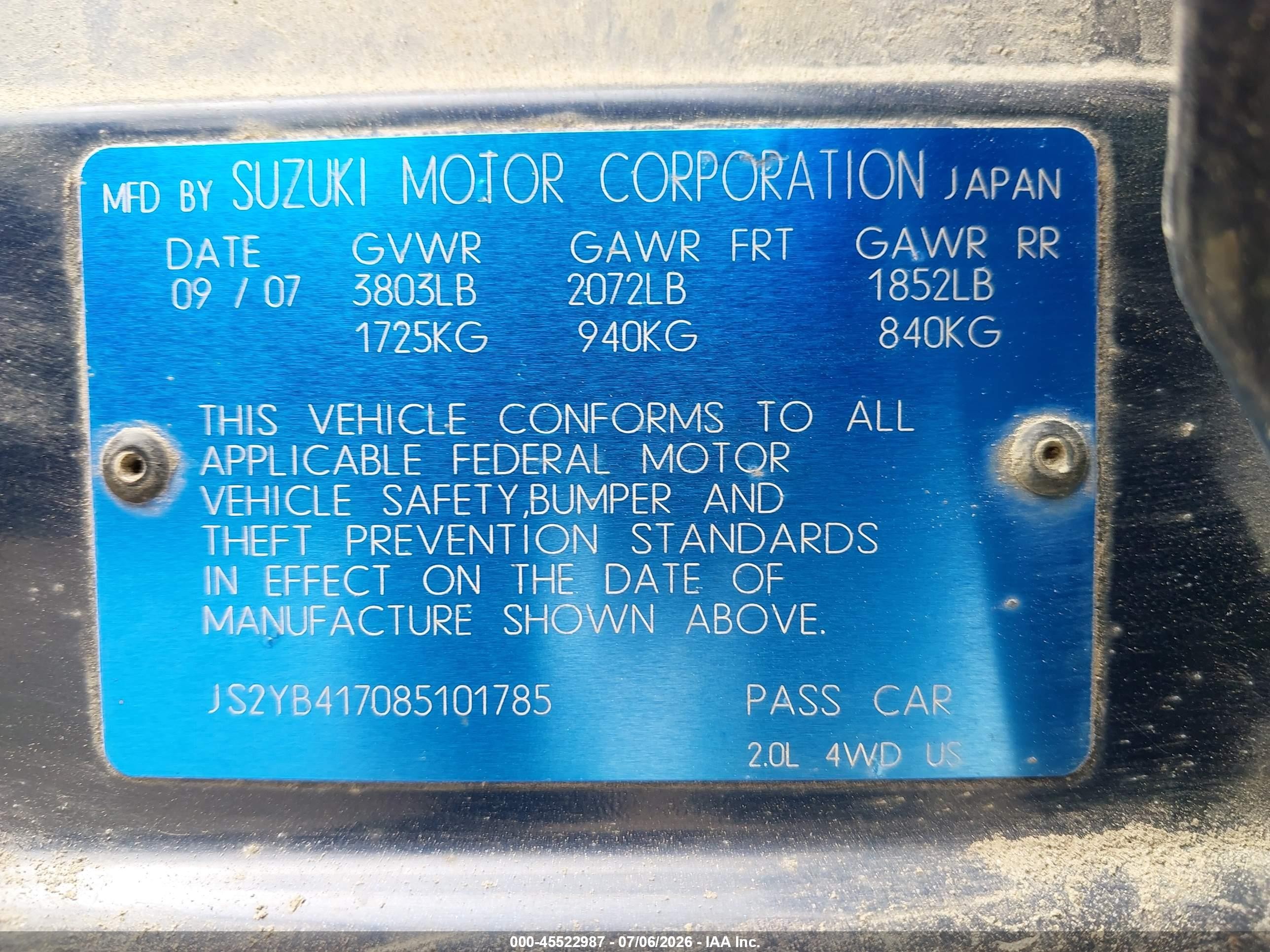 2008 Suzuki Sx4 Convenience/touring Blue vin: JS2YB417085101785