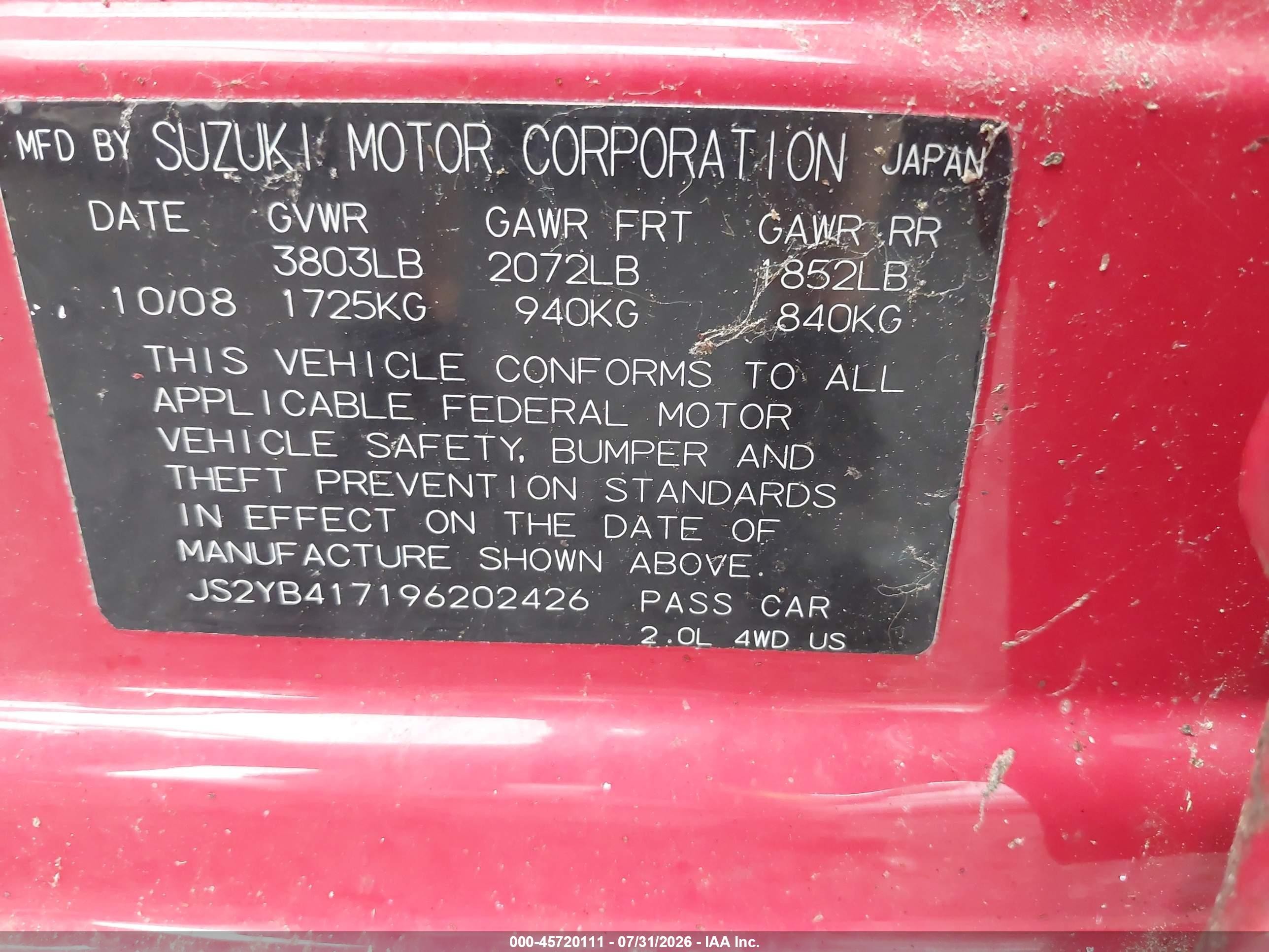 2009 Suzuki Sx4 Auto Touring Pkg Awd/man Touring Pkg Awd Red vin: JS2YB417196202426