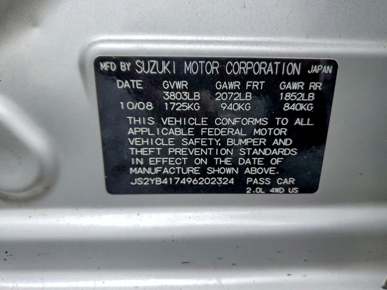 2009 Suzuki Sx4 Touring Silver vin: JS2YB417496202324