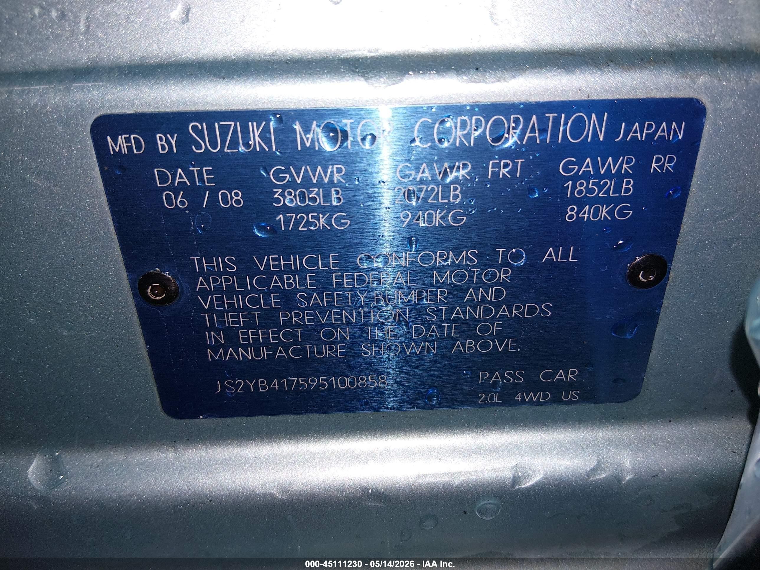 2009 Suzuki Sx4 Touring Light Blue vin: JS2YB417595100858