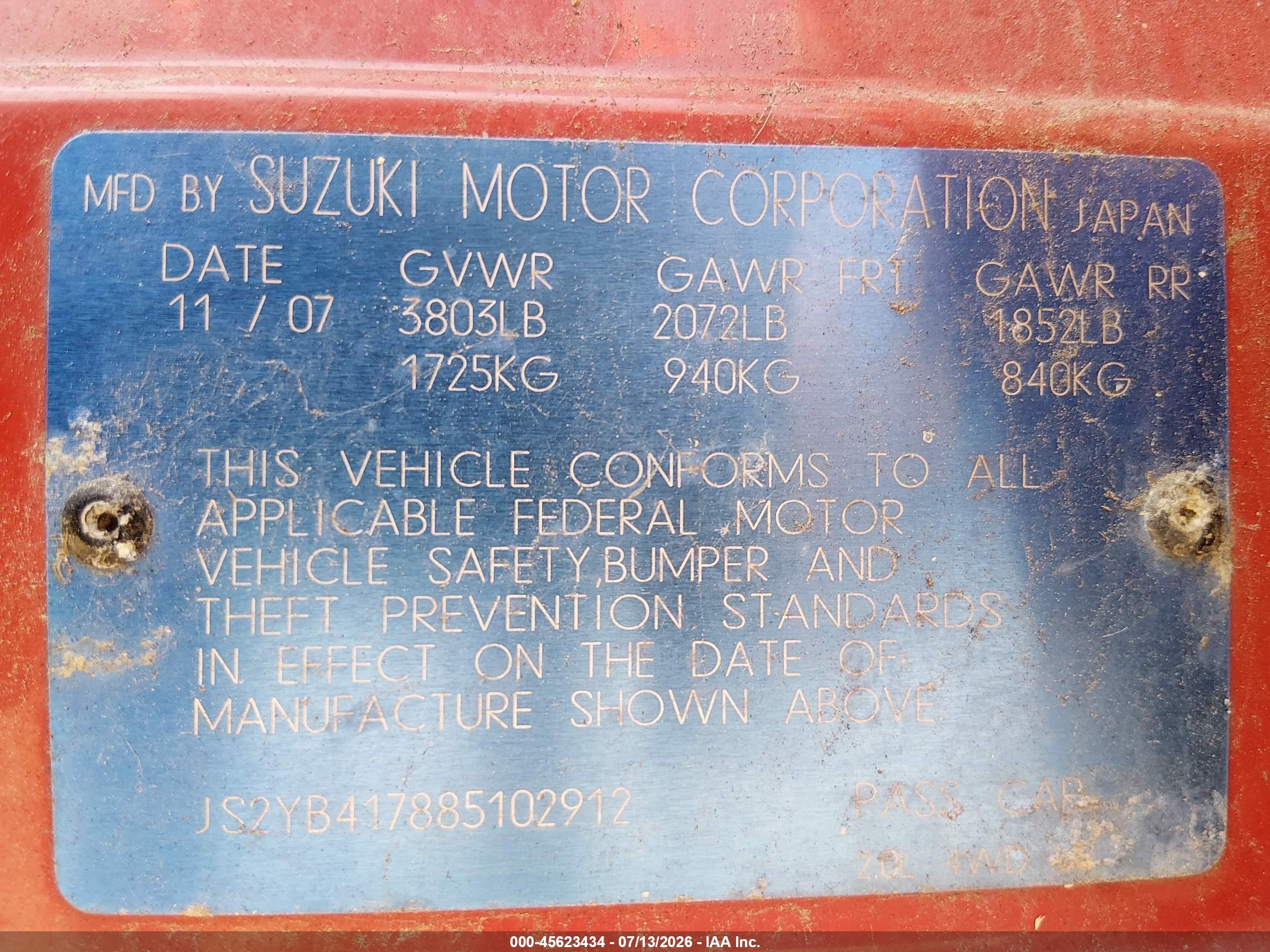 2008 Suzuki Sx4 Convenience/touring Красный vin: JS2YB417885102912