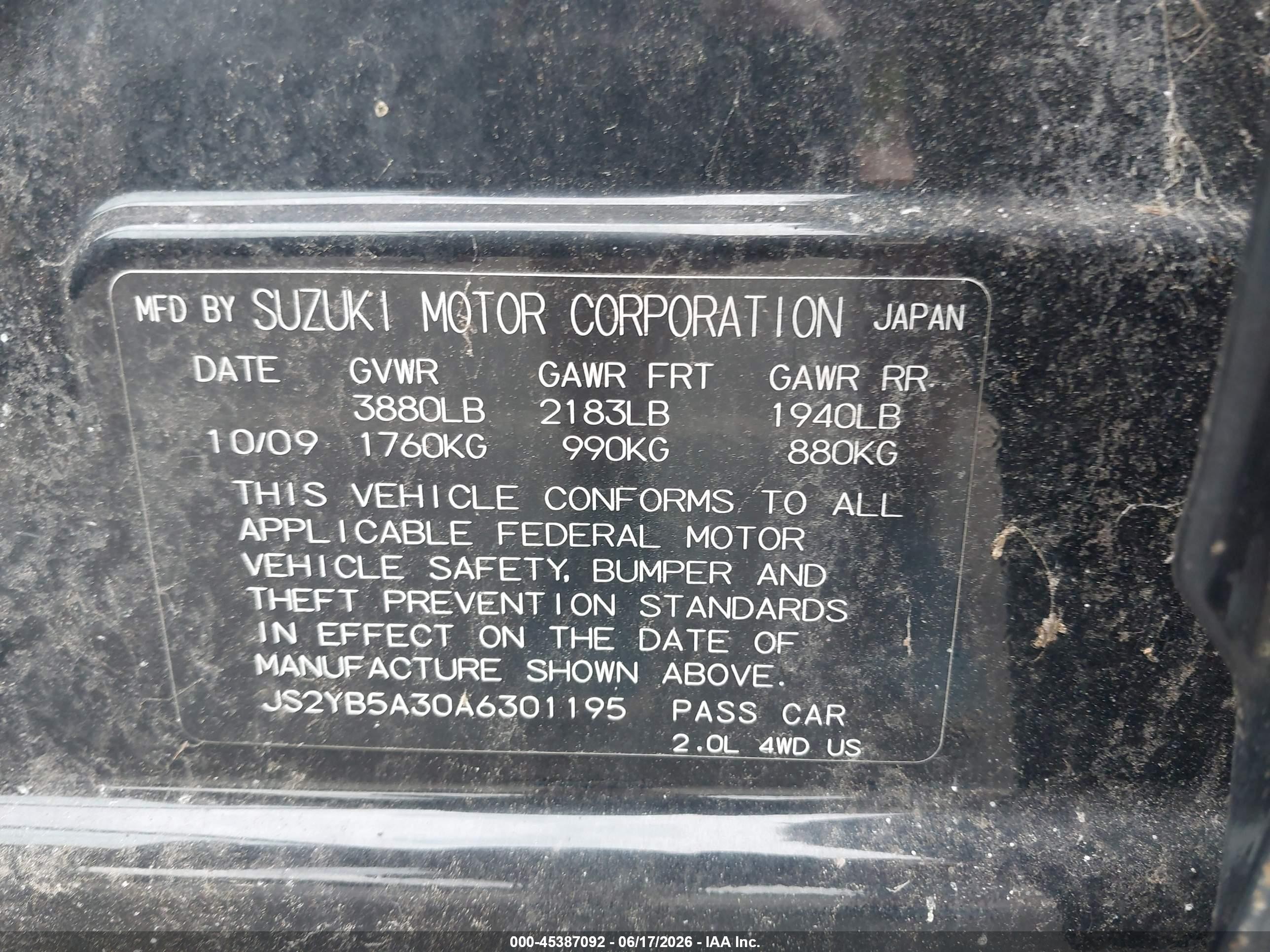 2010 Suzuki Sx4 Technology Черный vin: JS2YB5A30A6301195