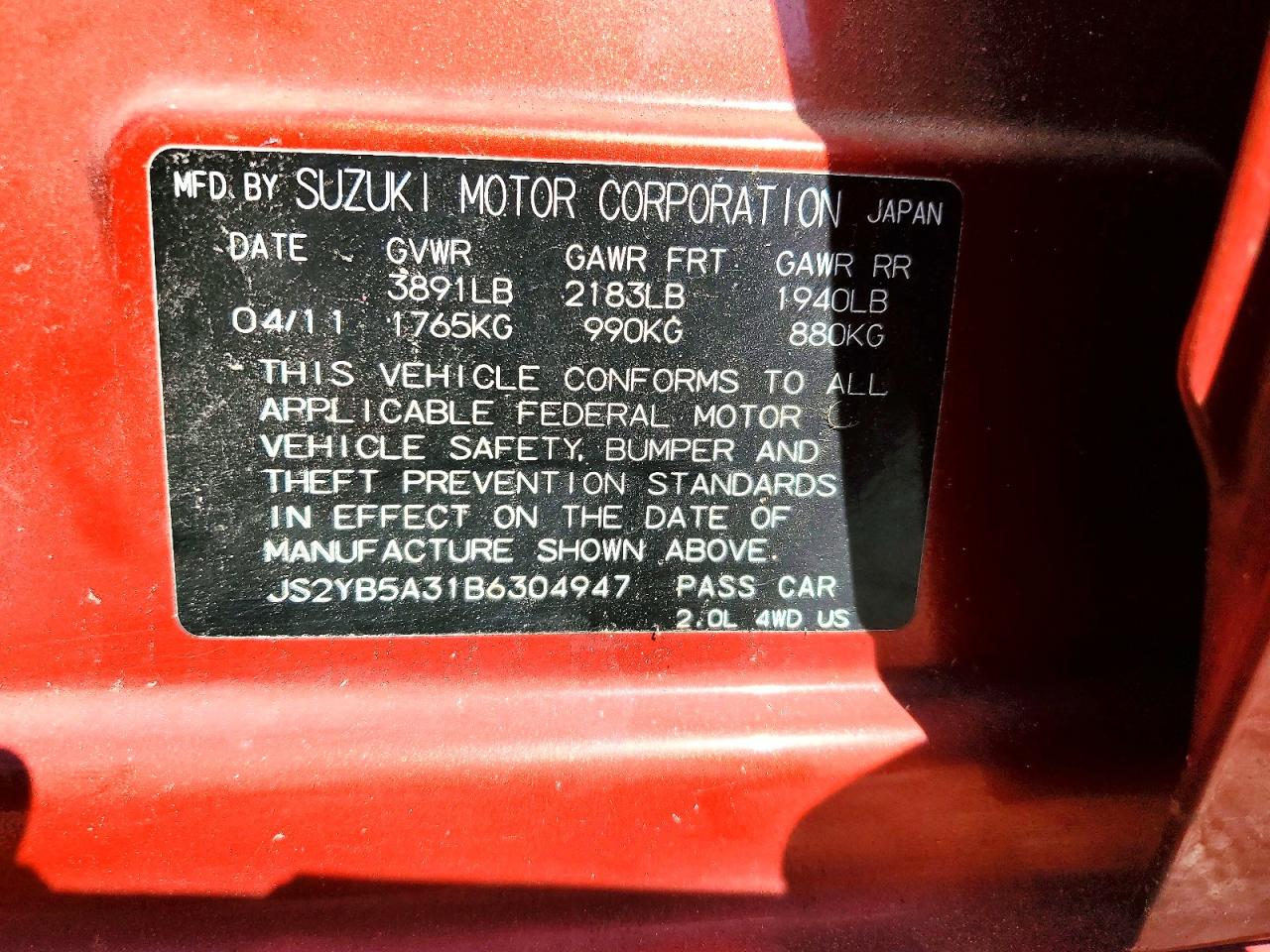 2011 Suzuki Sx4 Red vin: JS2YB5A31B6304947