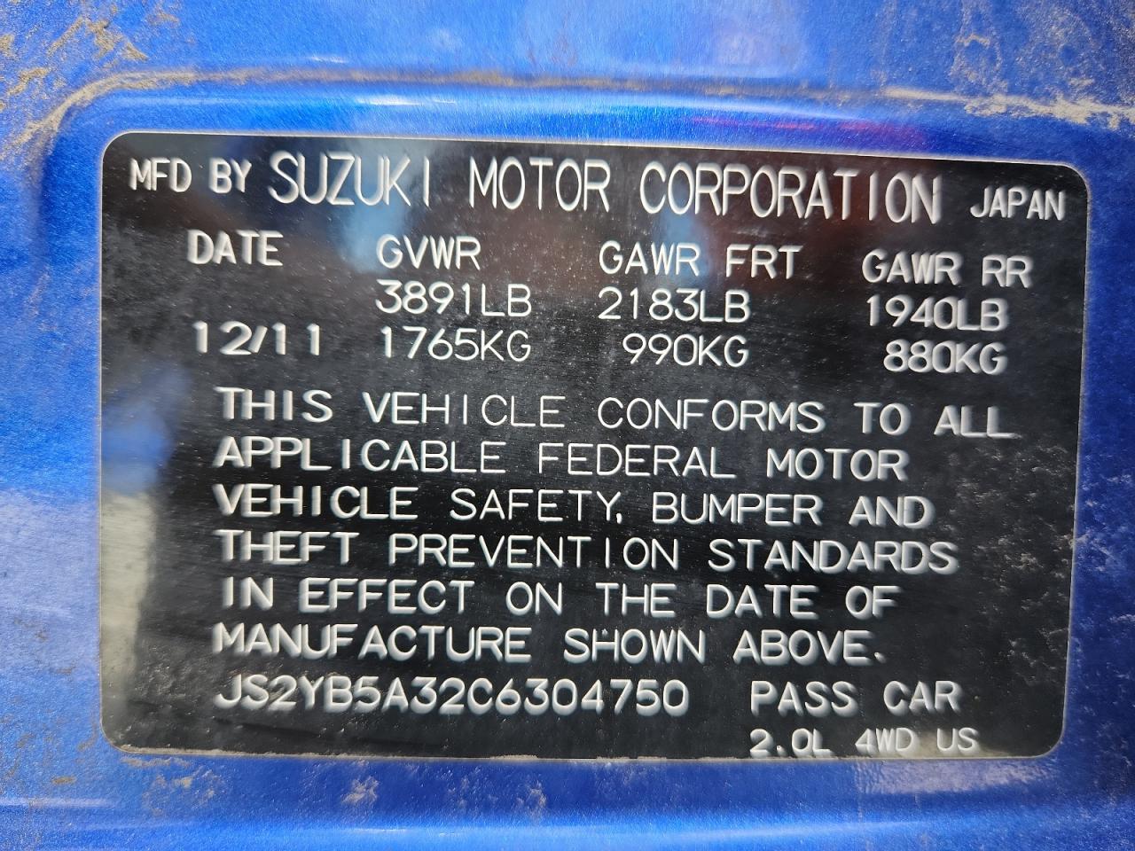 2012 Suzuki Sx4 Blue vin: JS2YB5A32C6304750