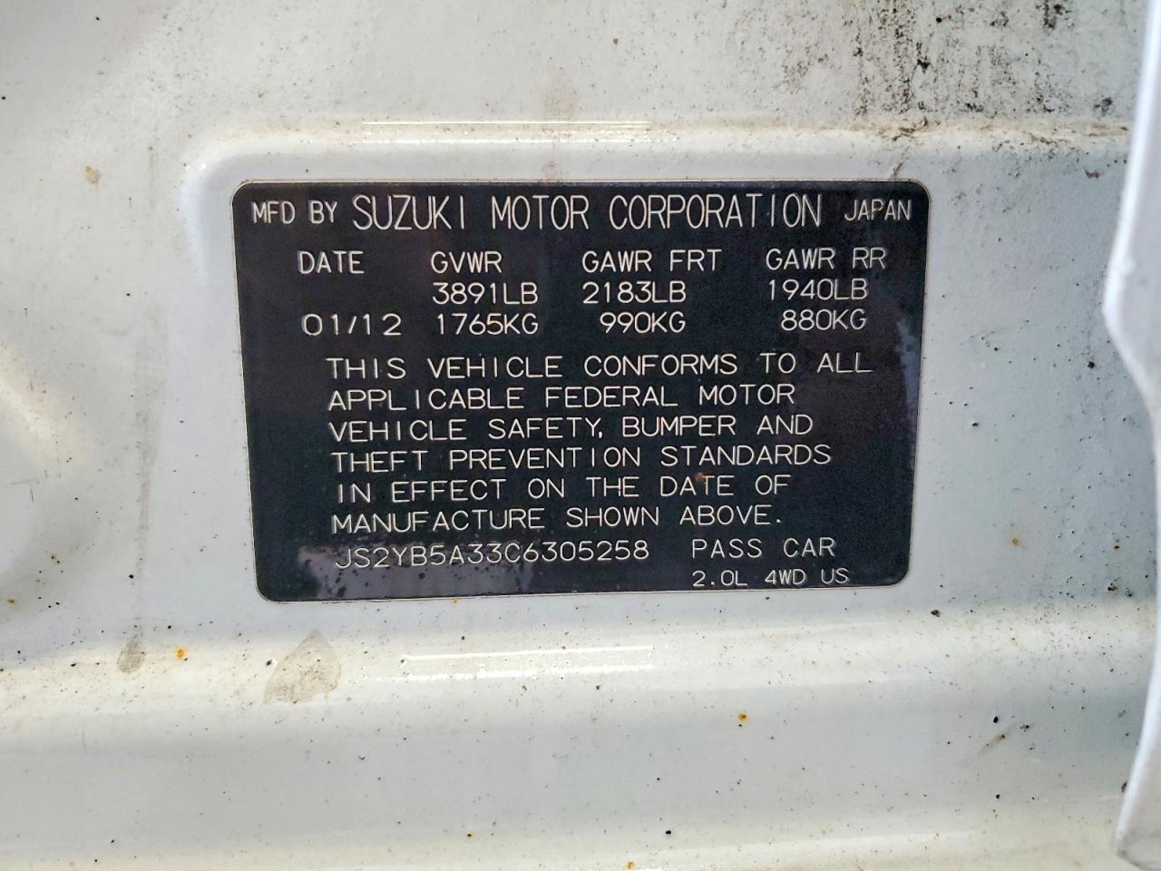 2012 Suzuki Sx4 White vin: JS2YB5A33C6305258